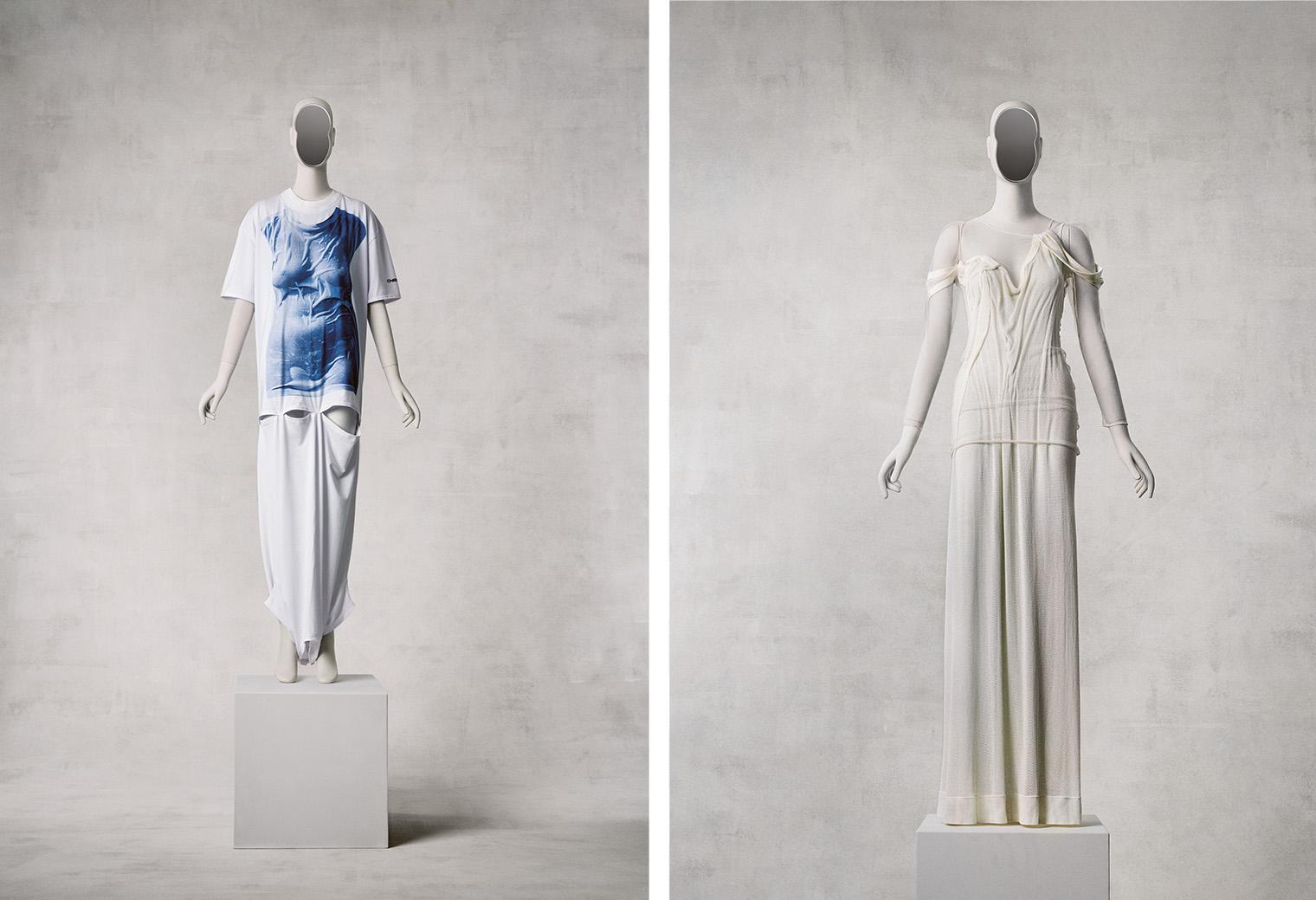 wo mannequins on pedestals display fashion designs. Left: a casual look with a white outfit featuring a blue print. Right: an elegant, off-shoulder white gown. Minimalist gray background.