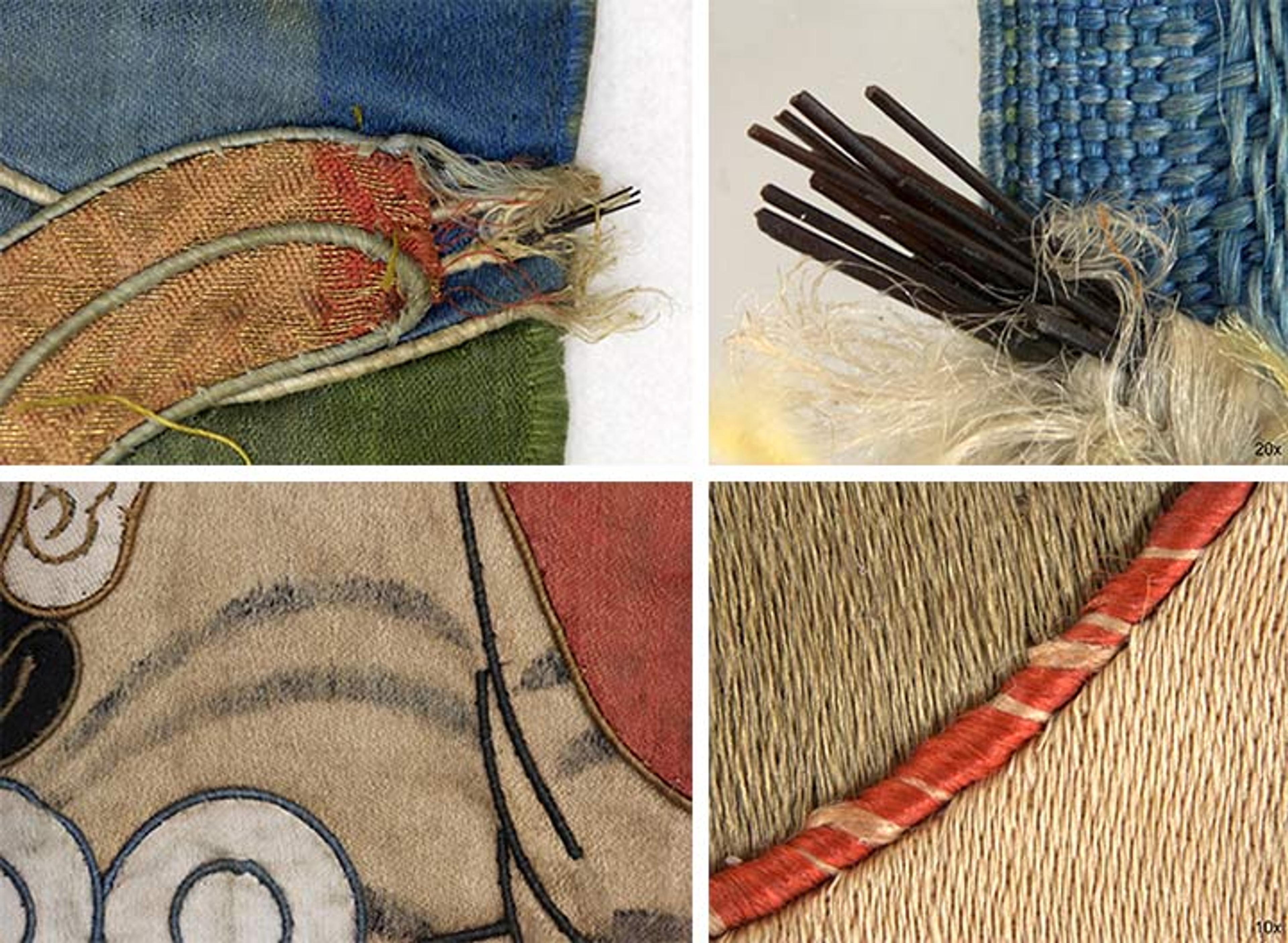 On left, details of fabrics; on right, close-ups