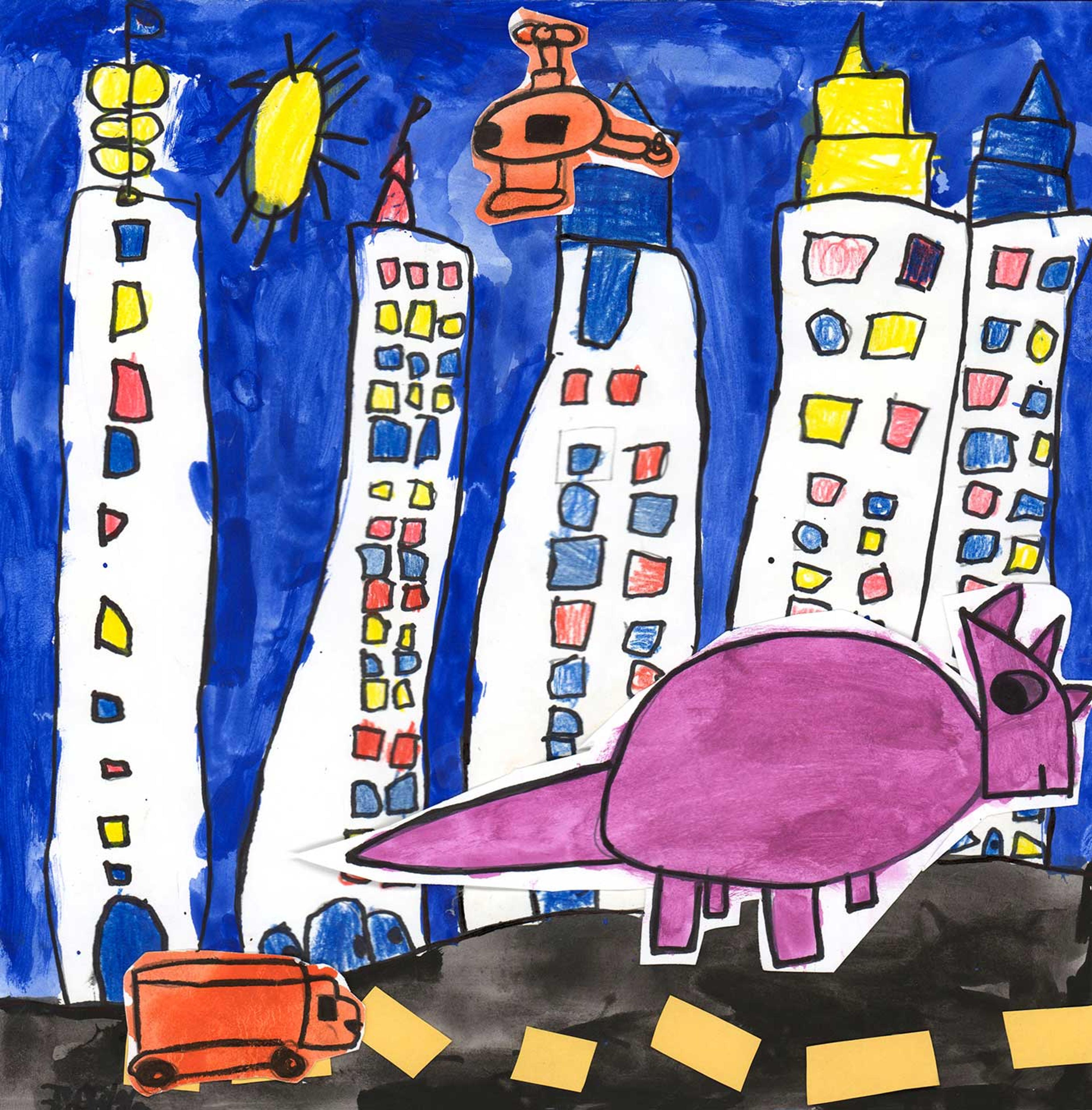 A pink colored dinosaur stands on a black road, in front of four skyscrapers. There is an orange helicopter in the sky.