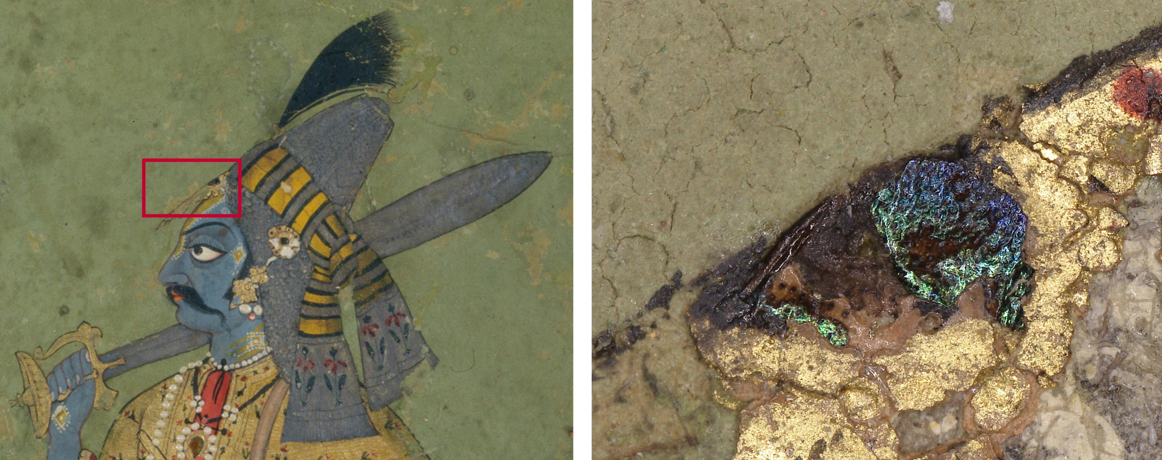 At left, closeup of Vishnu's head, and at right, magnification of iridescent beetle on headdress
