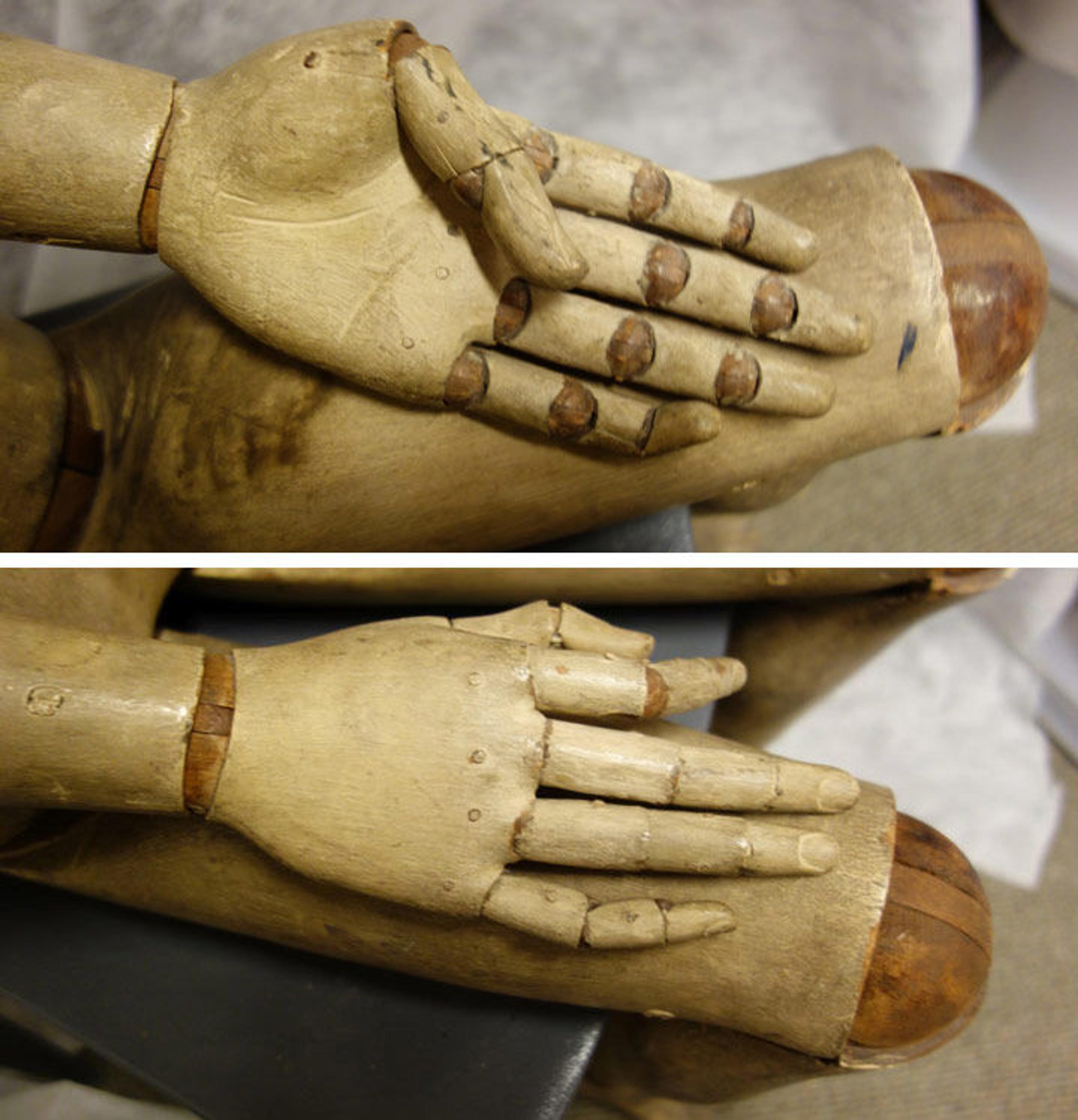 Two detail views of the mannequin, showing its left hand with palm-side up, and the other showing the object's right hand, palm-side down, resting on top of the mannequin's right leg