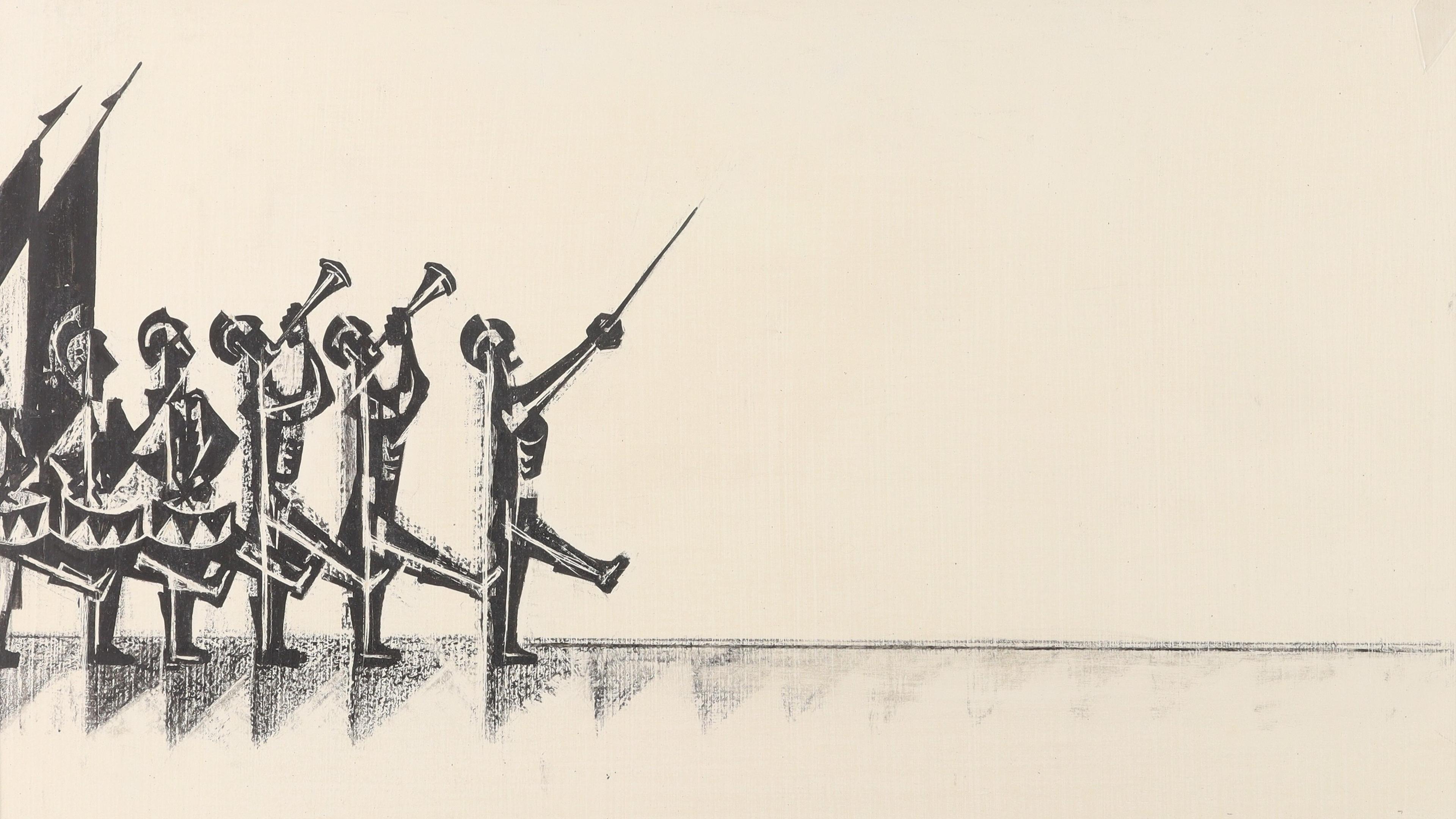 A drawing of a marching band led by a conductor and horn players