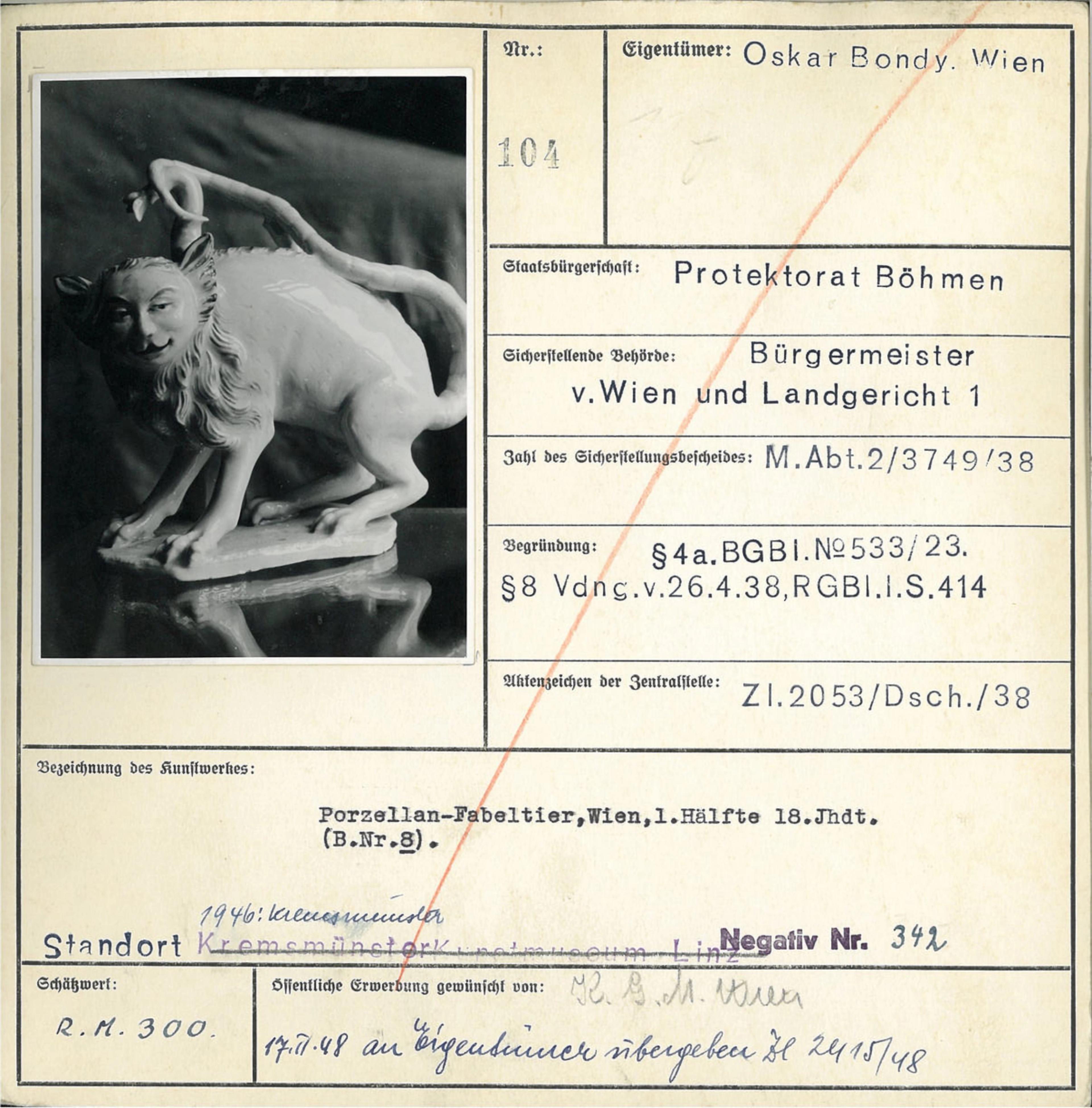 Catalog-style document with a photo of the monticore and typed data on provenance.
