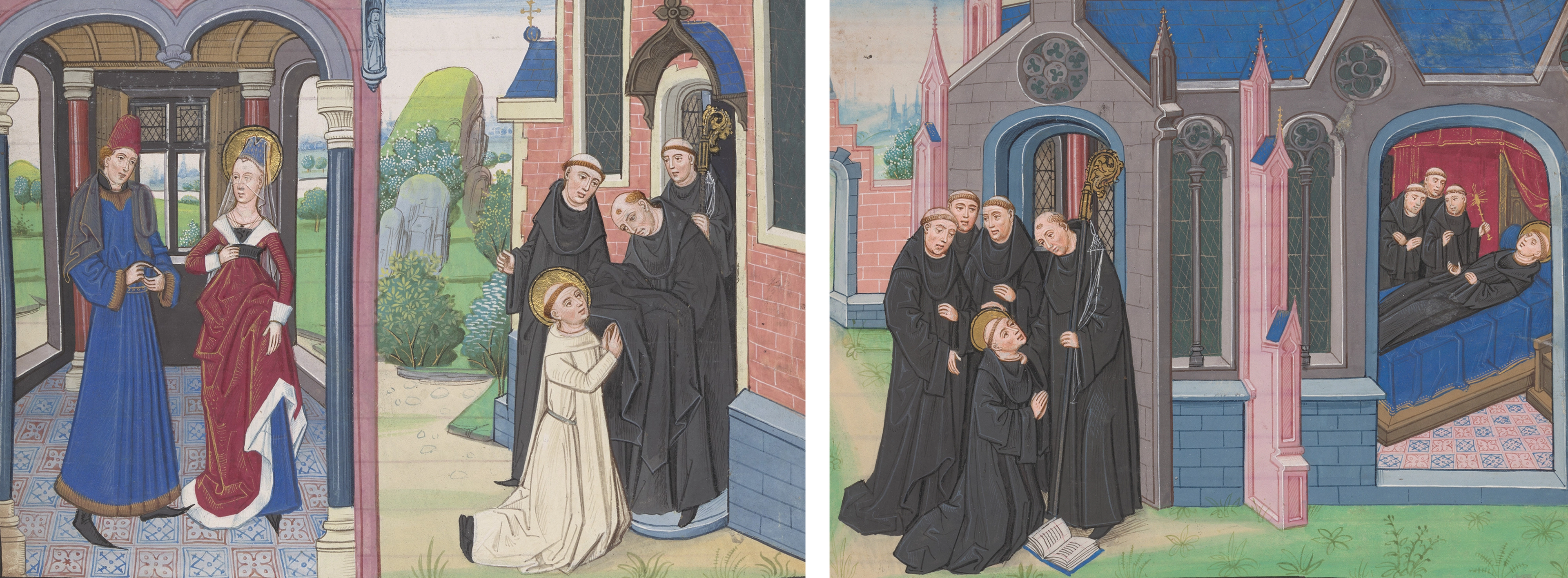 Image on the left shows to the left a man in a blue rove and a red hat with a woman in a red dress and headwear and a halo and to the right a figure in white with shaved head and a halo kneeling before a number of monks in a black robes. The image on the right shows a a figure with shaved head in black robes with a halo kneeling before a number of monks also in black robes. To the right in an interior the figure lies on a bed with halo and black robes surrounding by other monks.