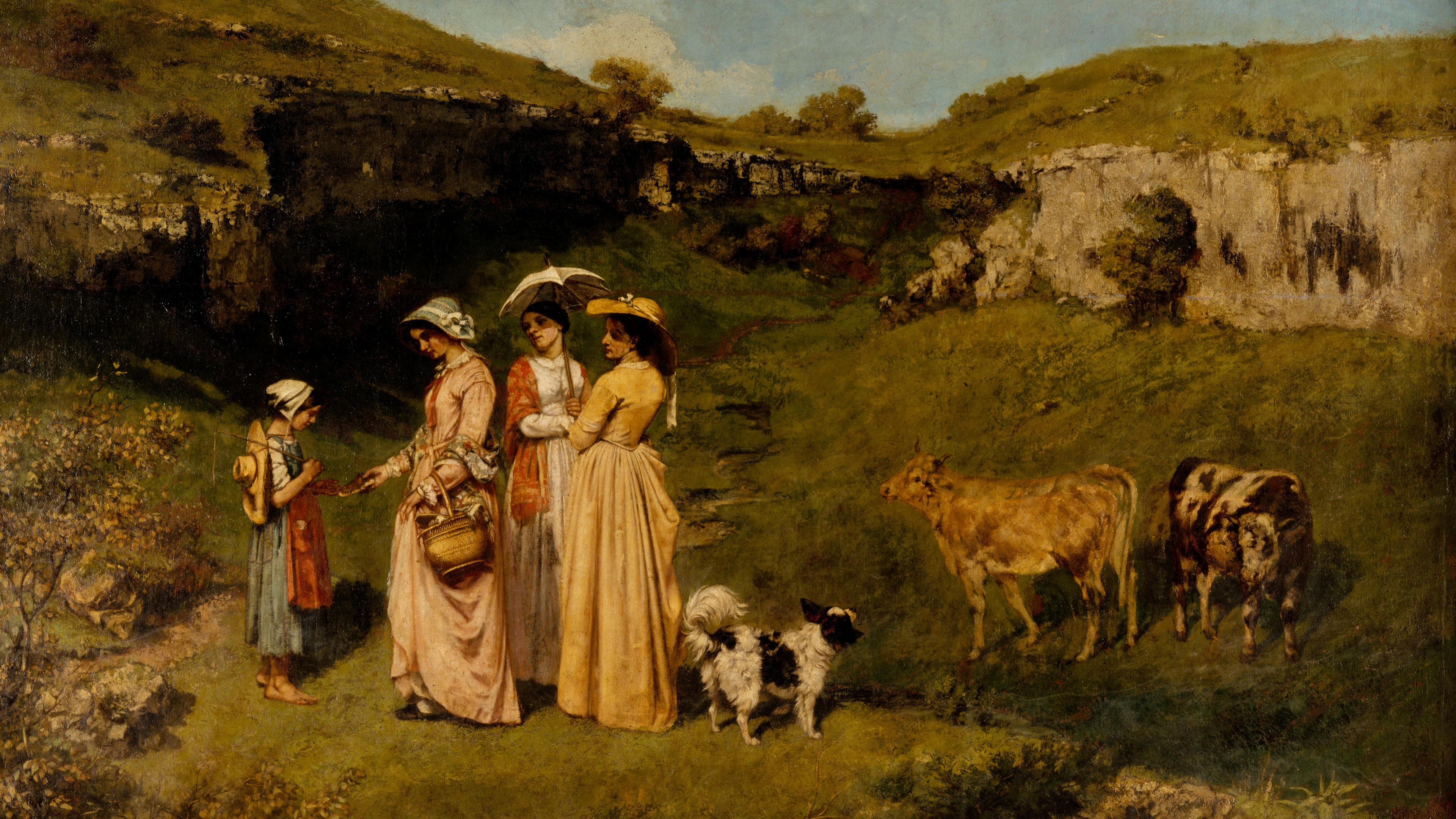 Pastoral scene of women in pastel dresses speaking with a younger girl, while a small black-and-white dog at their feet gazes at two cows in the other direction