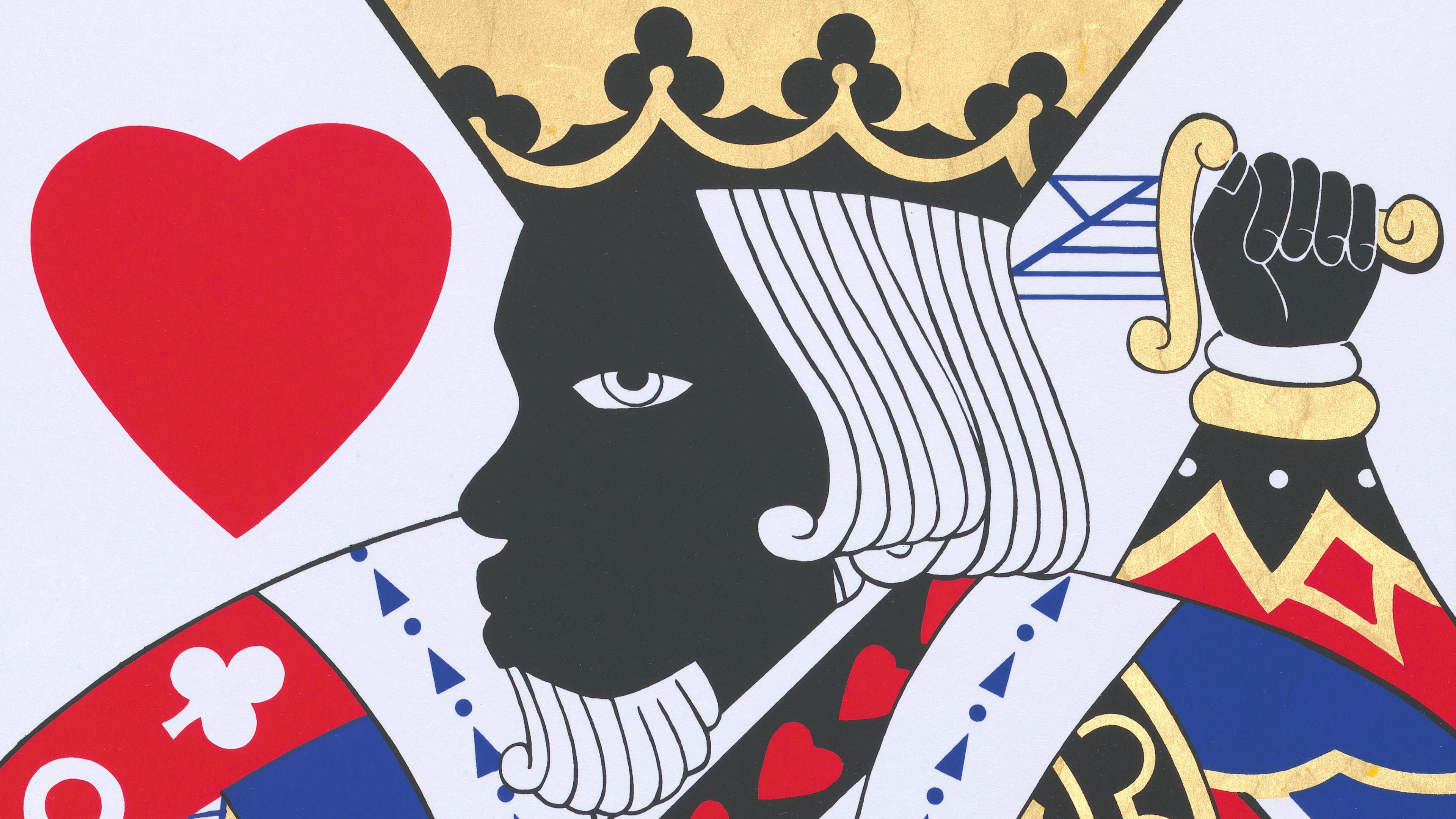 Detail of a contemporary screenprint depicting the King of Hearts from a deck of cards.