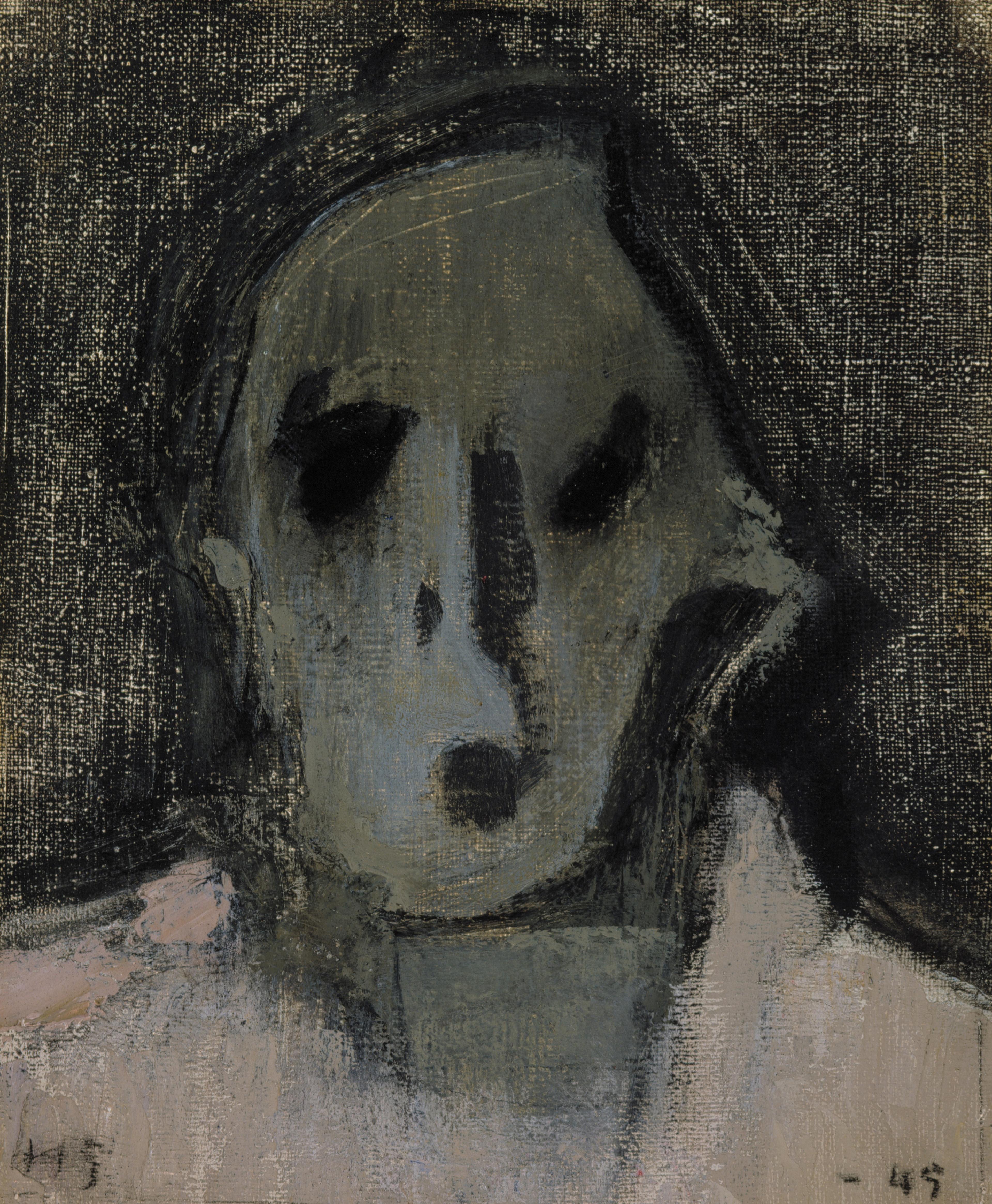 Painting of a figure with a mask-like face and dark hollow eyes.