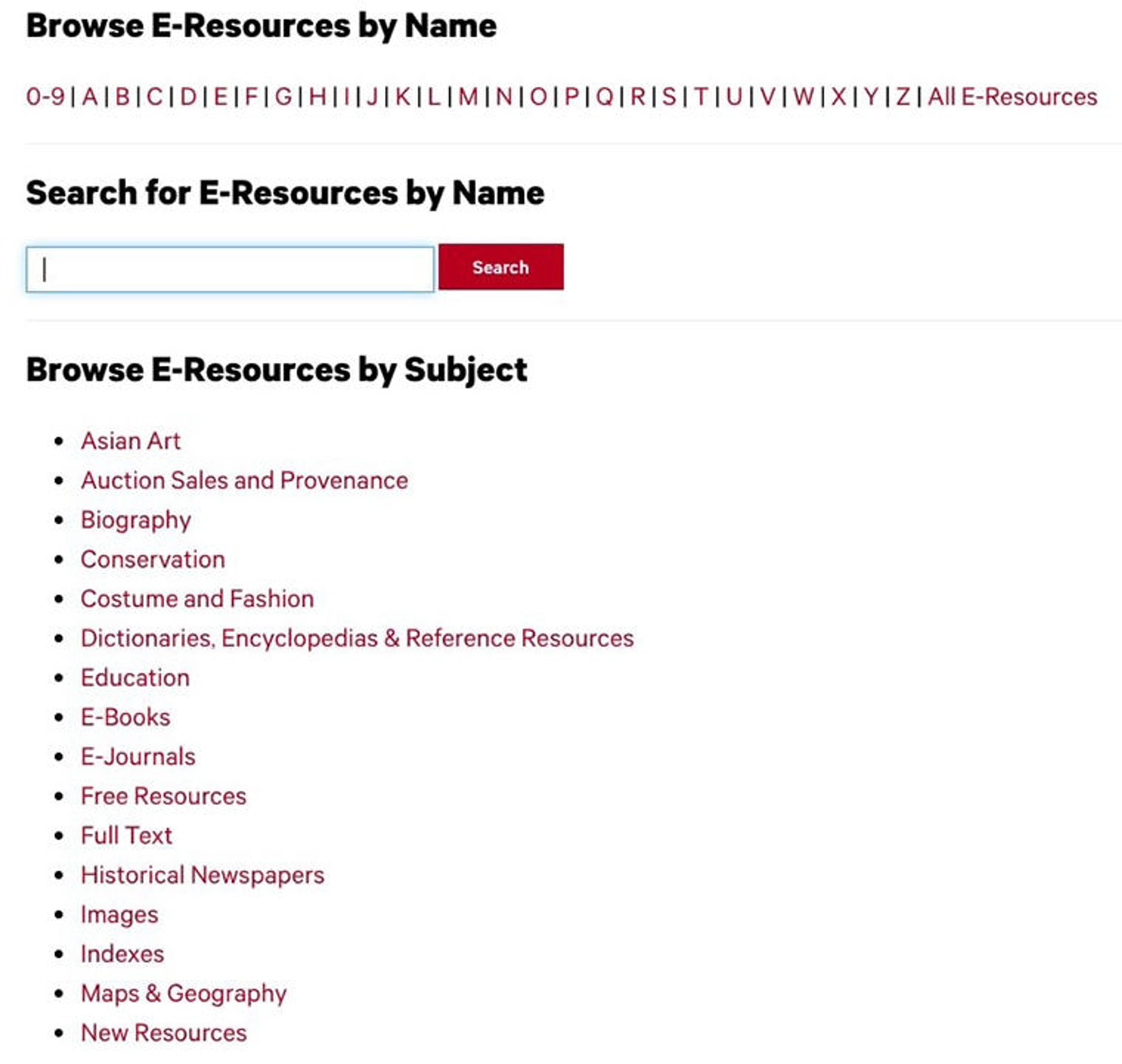 alphabetical list of electronic resources