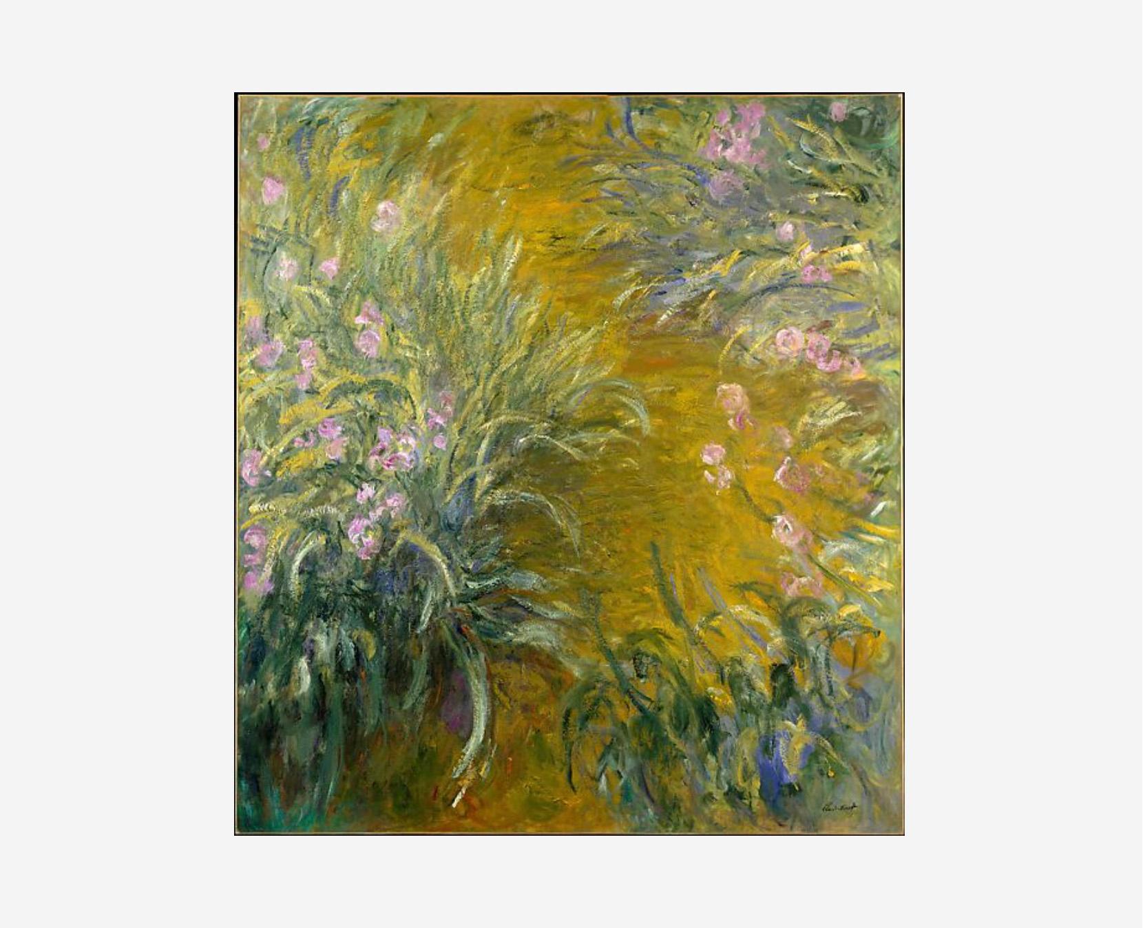 Impressionist painting of a path through lush green foliage and soft pink flowers, rendered with loose, sweeping brushstrokes.