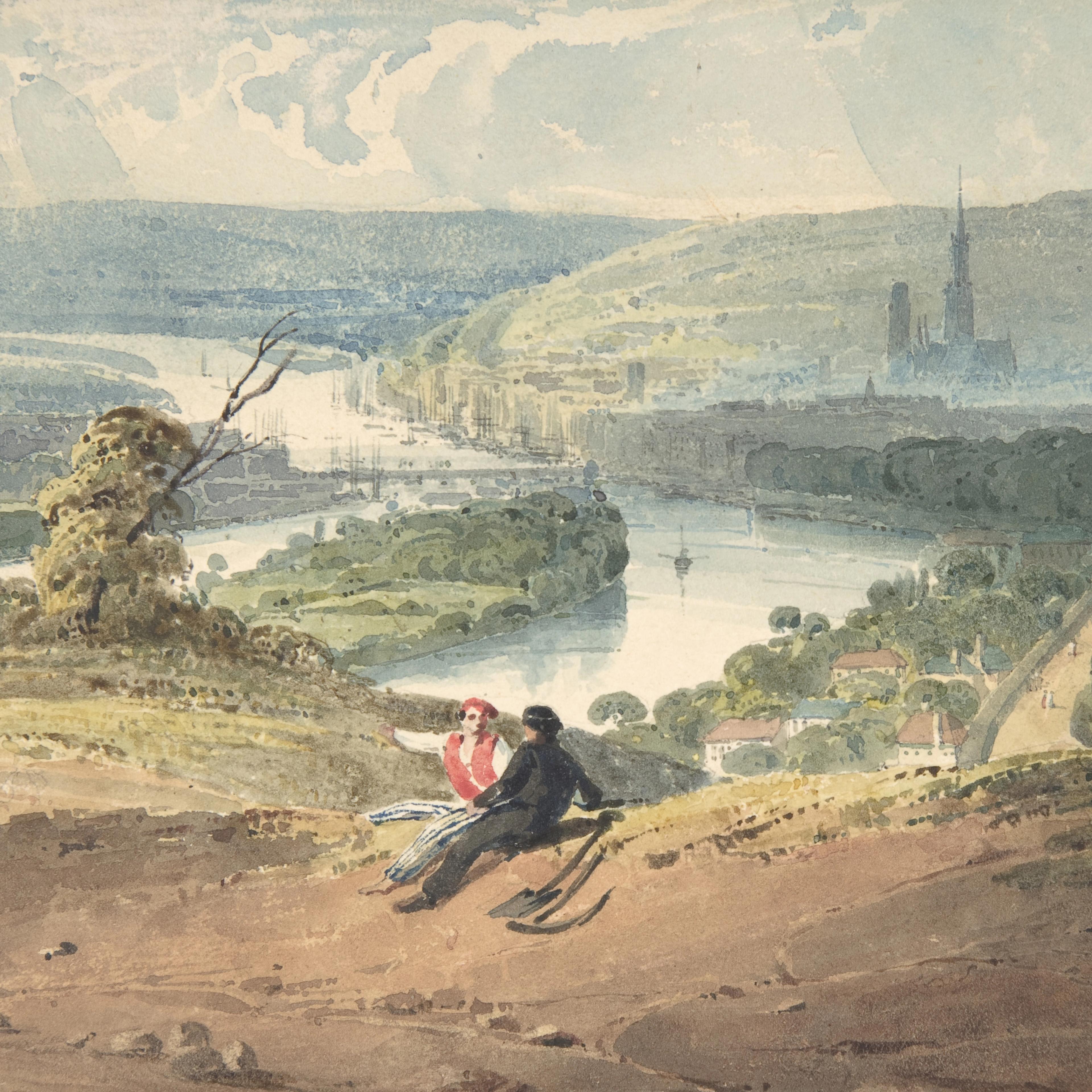 A watercolor painting of a couple sitting on top of a hill overlooking a lush green countryside with a river passing through it. There is a medieval city on the banks of the river.