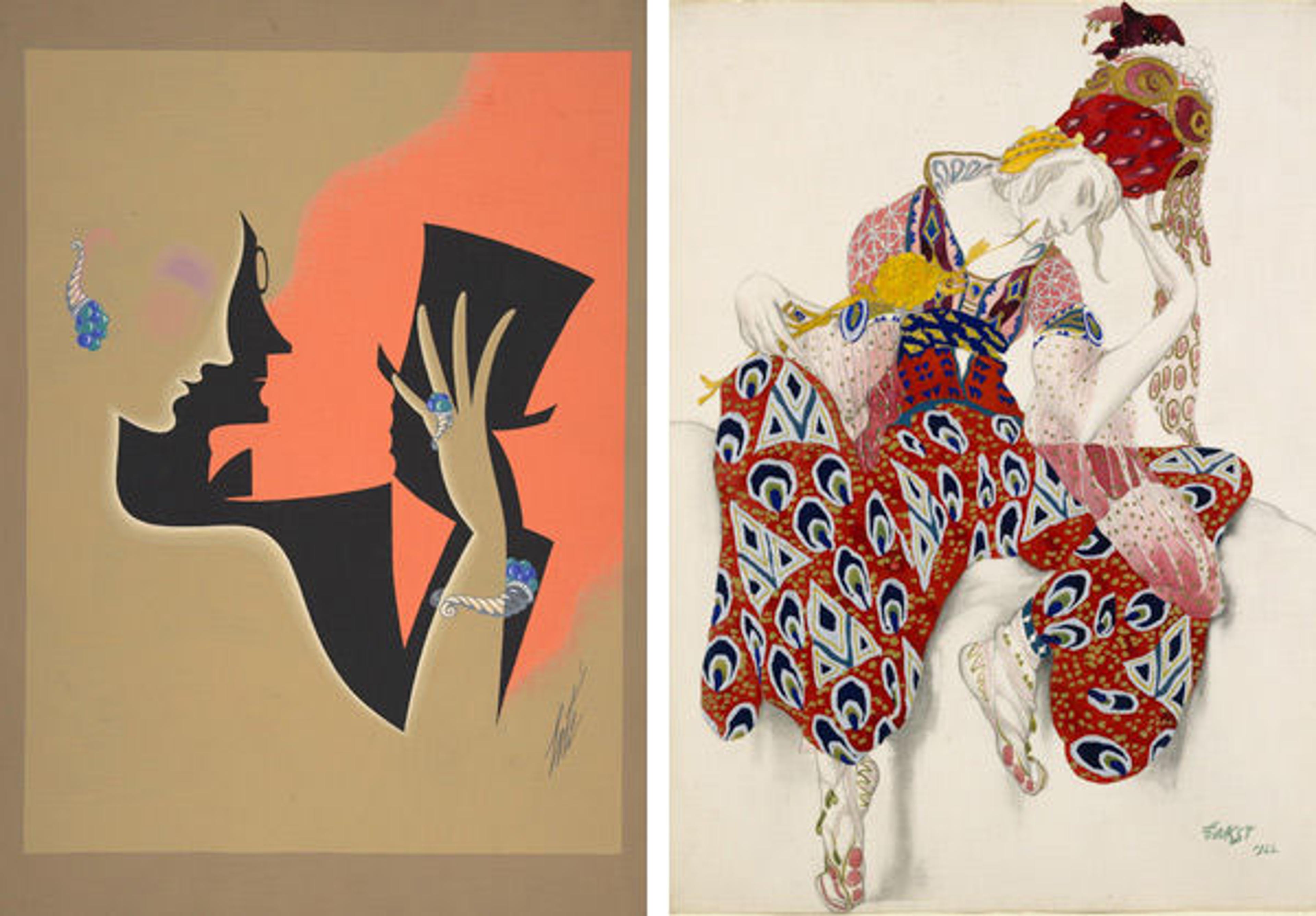 Left: Fig. 6. Erté (Romain de Tirtoff) (French [born Russia], 1892–1990). Shadow, ca. 1930. The Metropolitan Museum of Art, New York, Purchase, The Martin Foundation Inc. Gift, 1967 (67.762.96). © 2015 Artists Rights Society (ARS), New York. Right: Fig. 7. Léon Bakst (Russian, 1866–1924). Costume Study for Nijinsky in the Role of Iksender in the Ballet La Péri, 1922. Watercolor and gold and silver paints over graphite; 26 5/8 x 19 1/4 in. (67.6 x 48.9 cm). The Metropolitan Museum of Art, New York, Gift of Sir Joseph Duveen, 1922 (22.226.1)