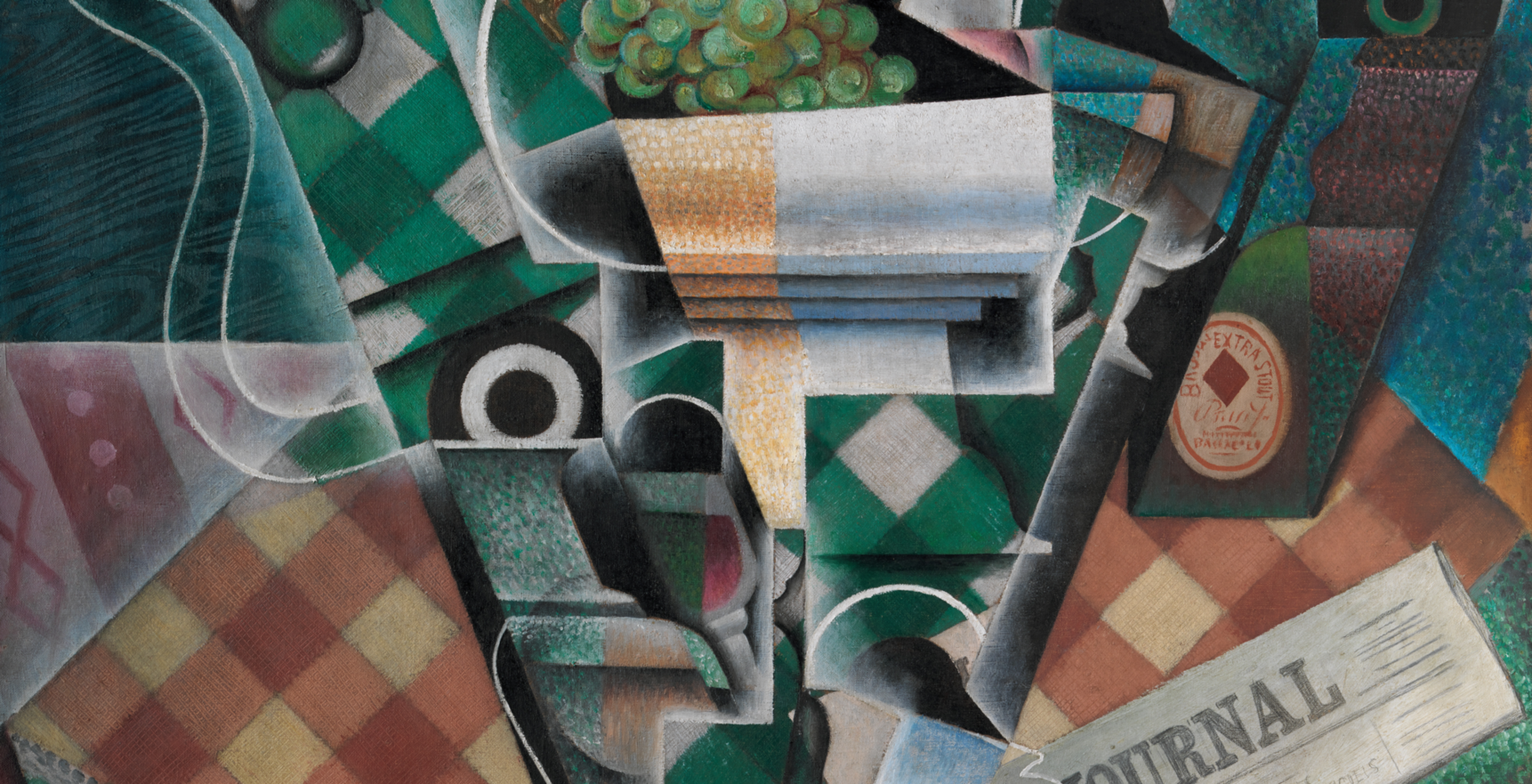 Oil and graphite painting of a green checked tablecloth with coffee cups, wine glasses, grapes, a newspaper and other objects arranged in the shape of a bull’s head