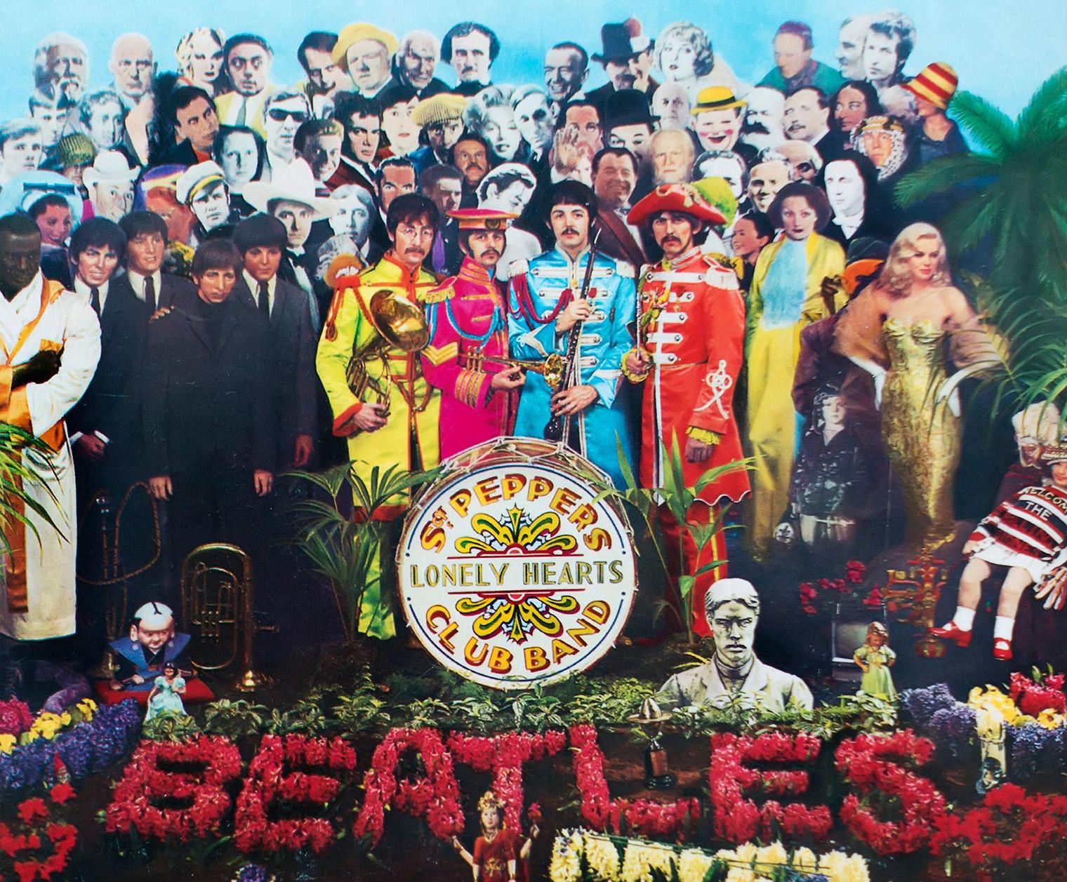 A vibrant collage with four mustached men in colorful uniforms at the center, surrounded by famous figures. Foreground features red flowers spelling "Beatles."
