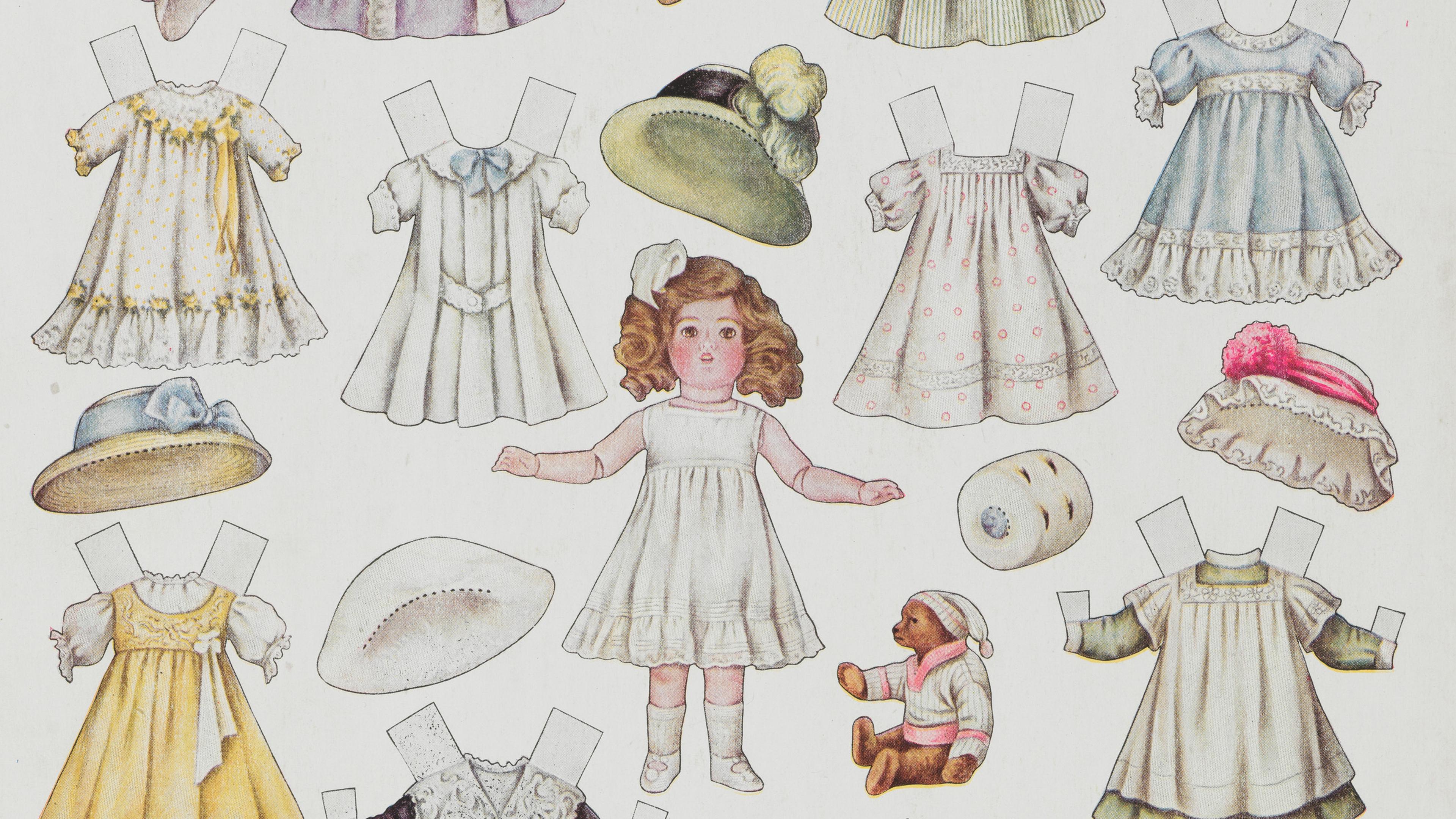 A sheet of paper with a figure and cutout outfits for dressing up paper dolls.