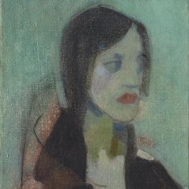 A close-up detail of a painted face rendered in muted green, blue, and gray tones.