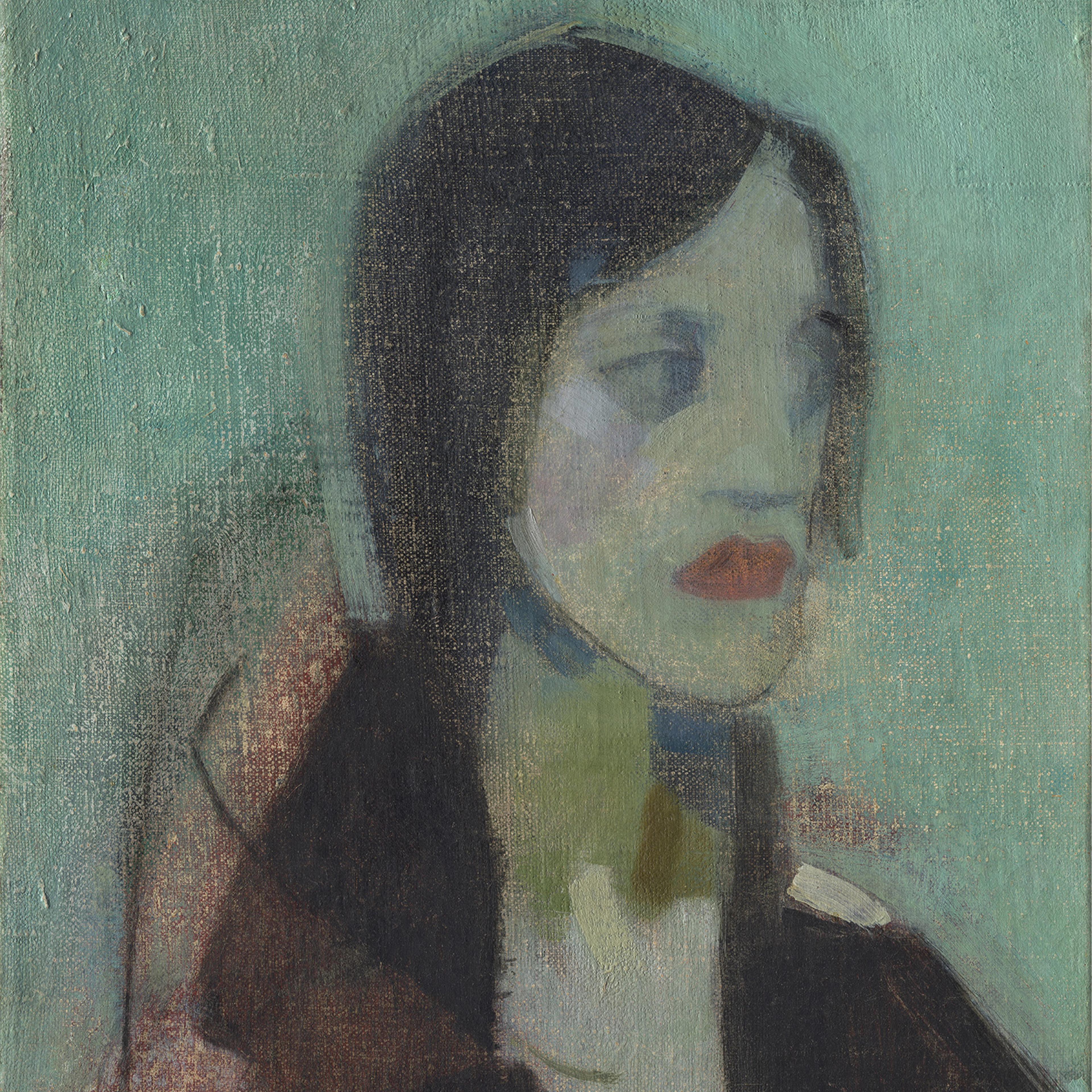 A close-up detail of a painted face rendered in muted green, blue, and gray tones.
