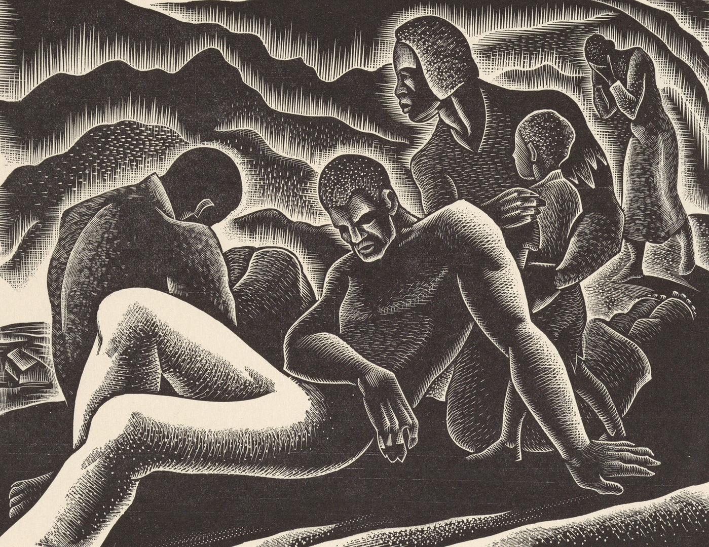 Shaded black and white drawings of a group of black men.