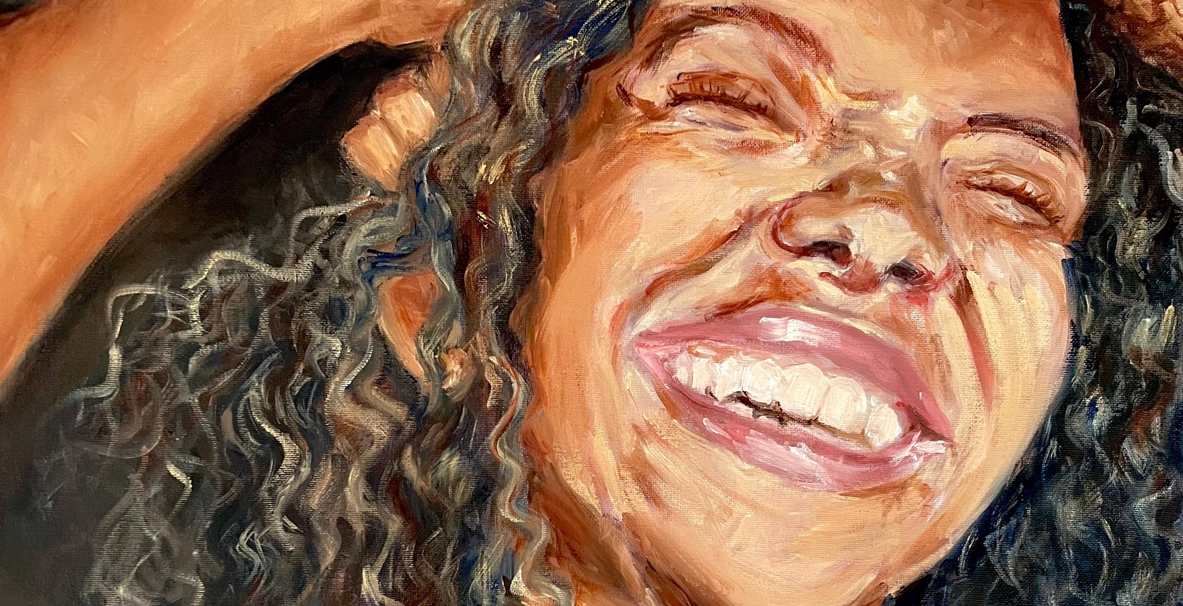 A close crop painting of woman with tan skin, dark curly hair, and closed eyes as she smiles with her teeth
