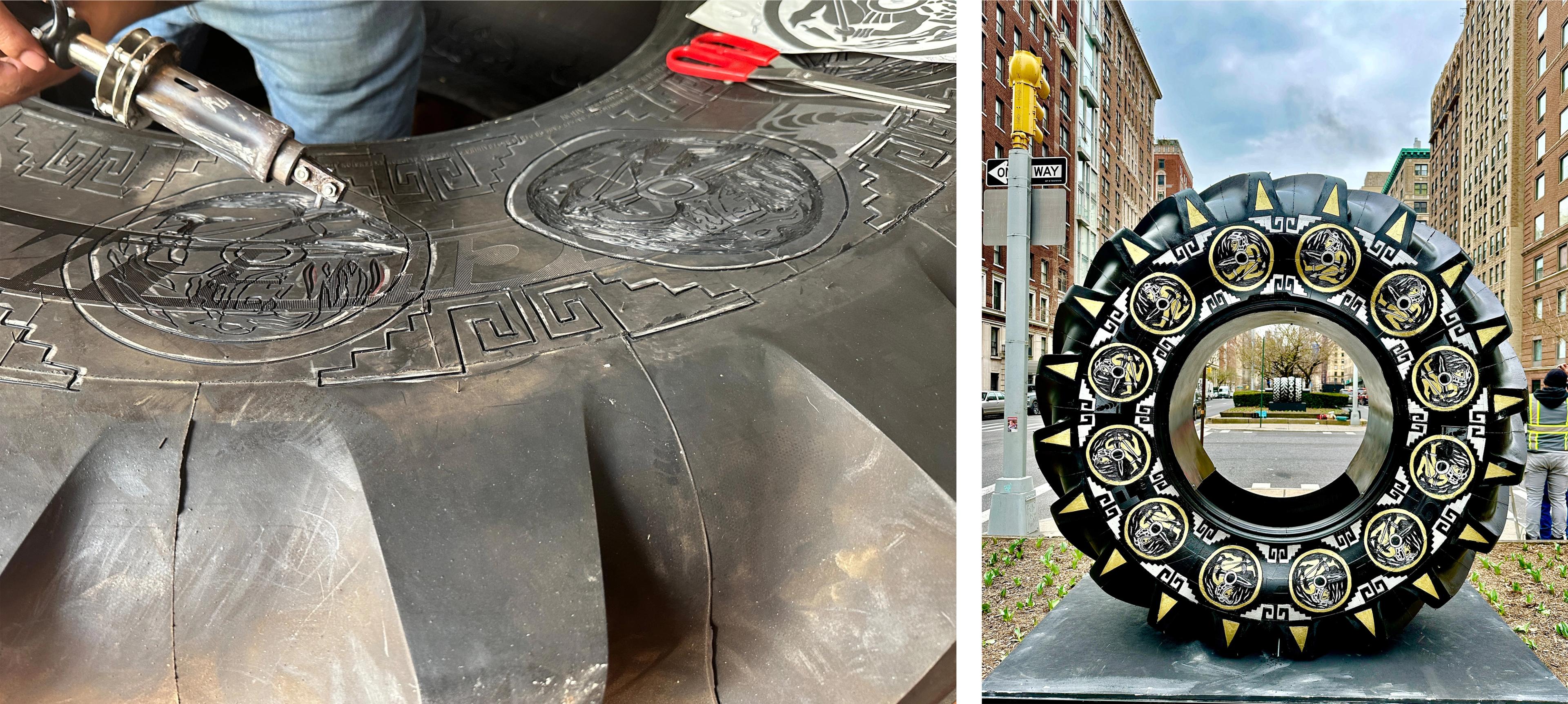On the left, a hand holding a tool to carve engravings of a warrior figure into a large tractor tire. On the right, a large tractor tire on Park Avenue decorated with white and yellow repeating designs of a warrior figure.