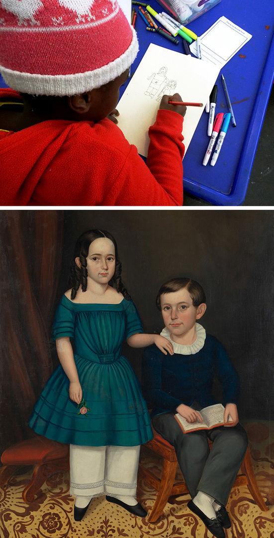 Michelle (above) sketches out her drawing in pencil. She was inspired by John and Luisa Stock, a portrait by Joseph Whiting Stock.