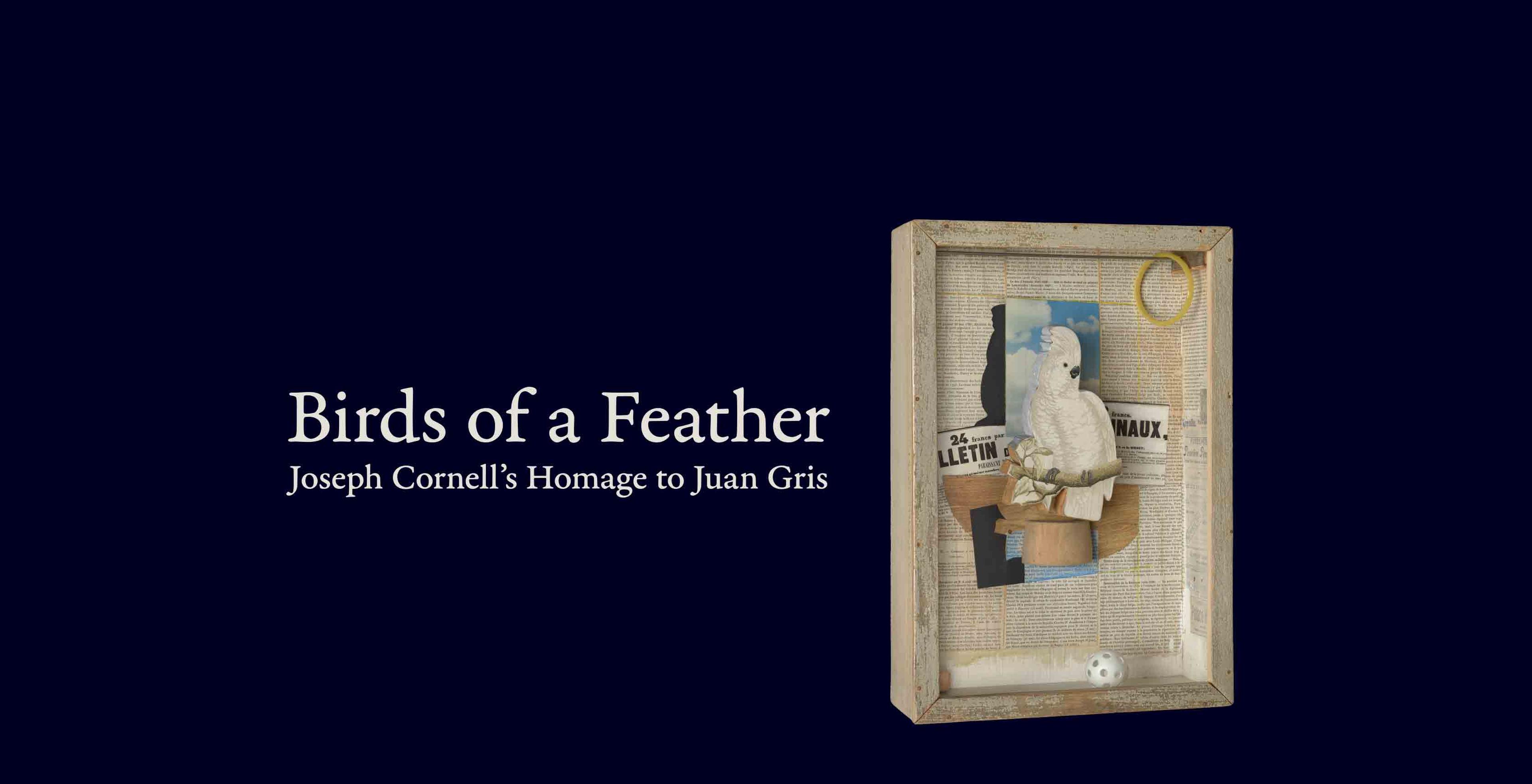 An image with a dark blue background and the exhibition title to the left in white letters. On the right, there is box construction by Juan Gris. 