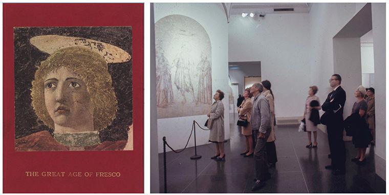Interior of Frescos exhibition and book cover