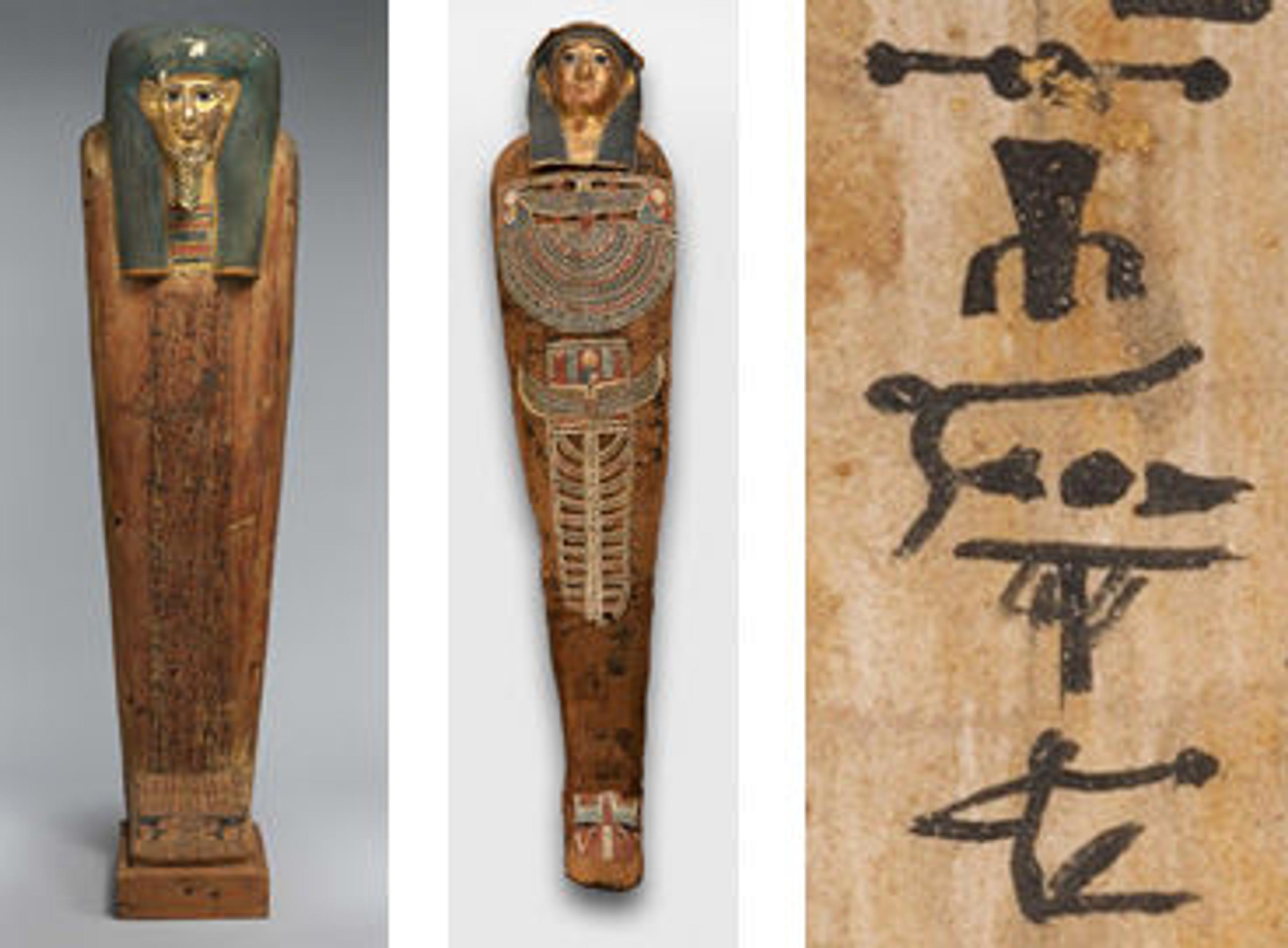 Coffin of Nesmin (left); mummy of Nesmin (center); detail of cartonnage (right)