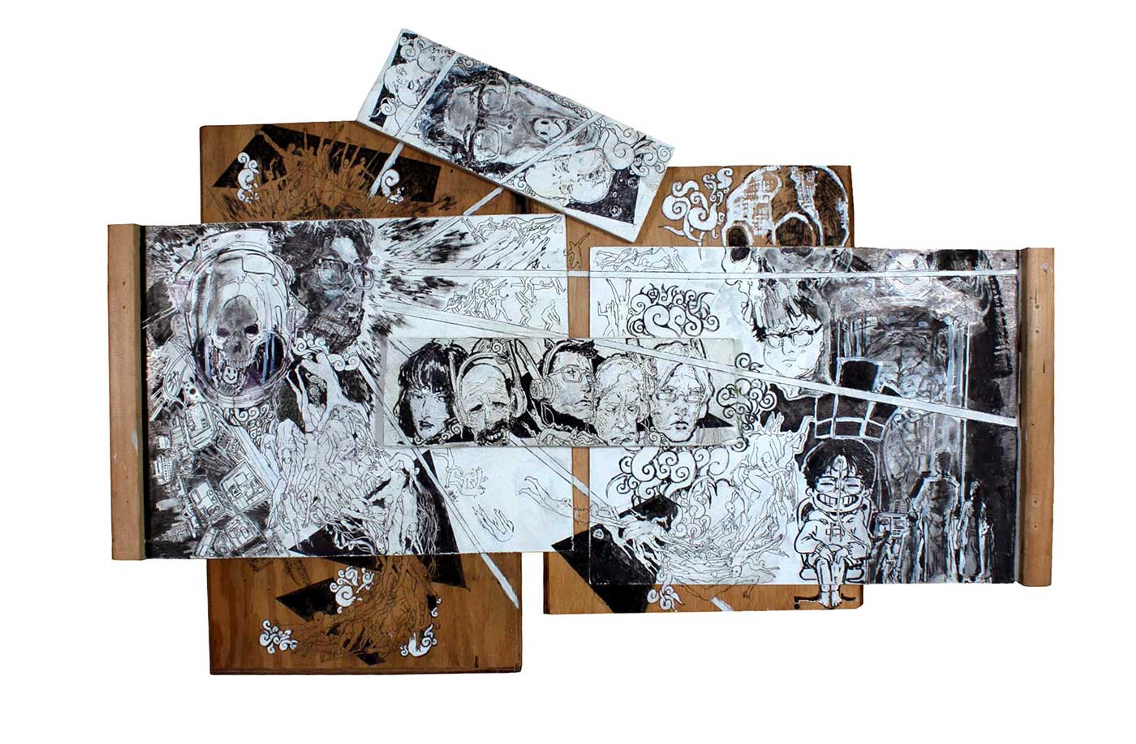 Drawing of several figures and structures in black and white on pieces of wood.