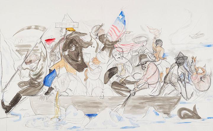 Artist Kara Walker's drawing of The Crossing depicts the paper-cap-wearing captain of an immobilized ship of state leading the country into iceberg-strewn disaster, while diverse figures struggle and seek escape.