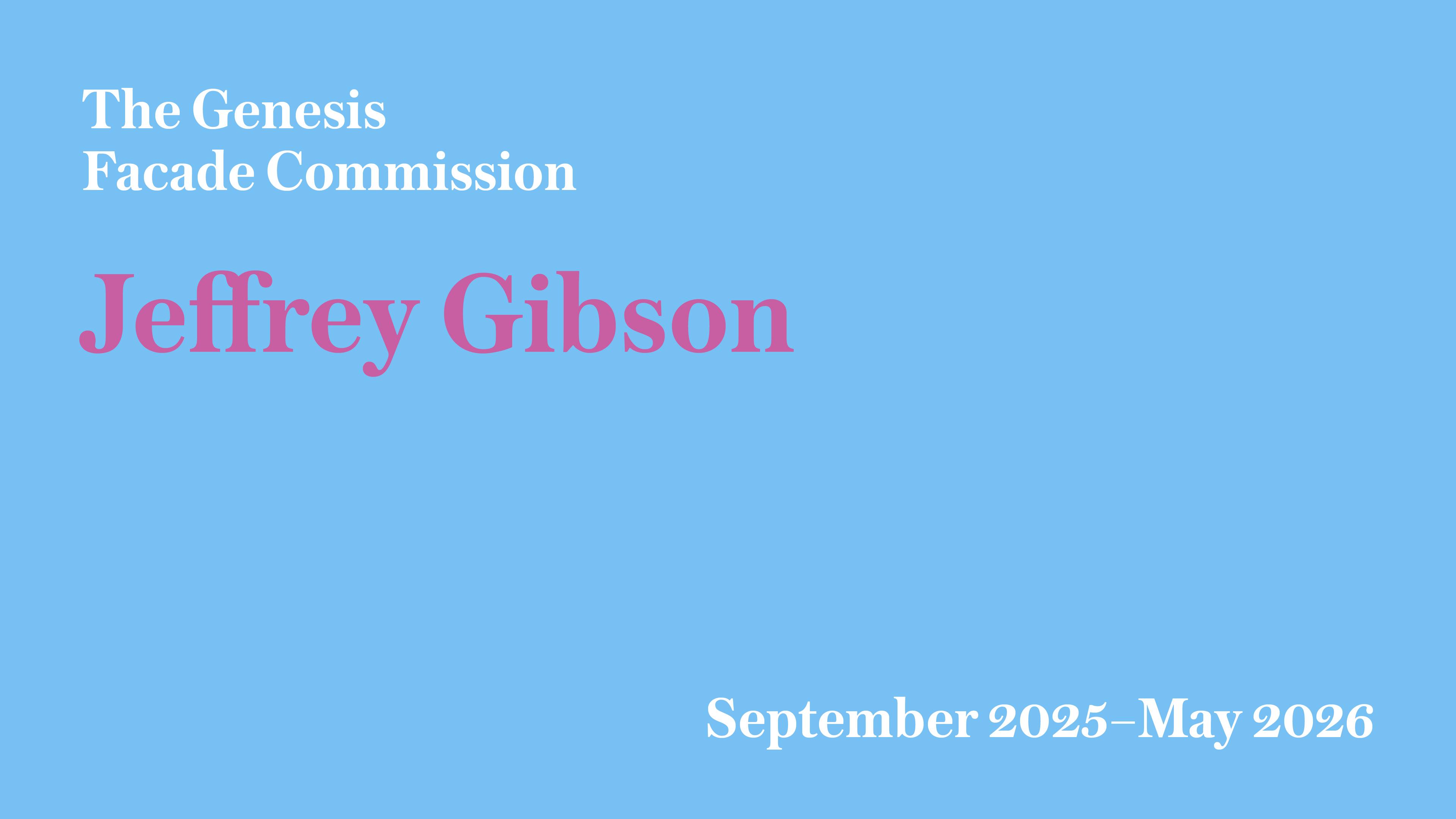 Blue background image with Pink Color font which reads, " Jeffrey Gibson" The Facade Commission