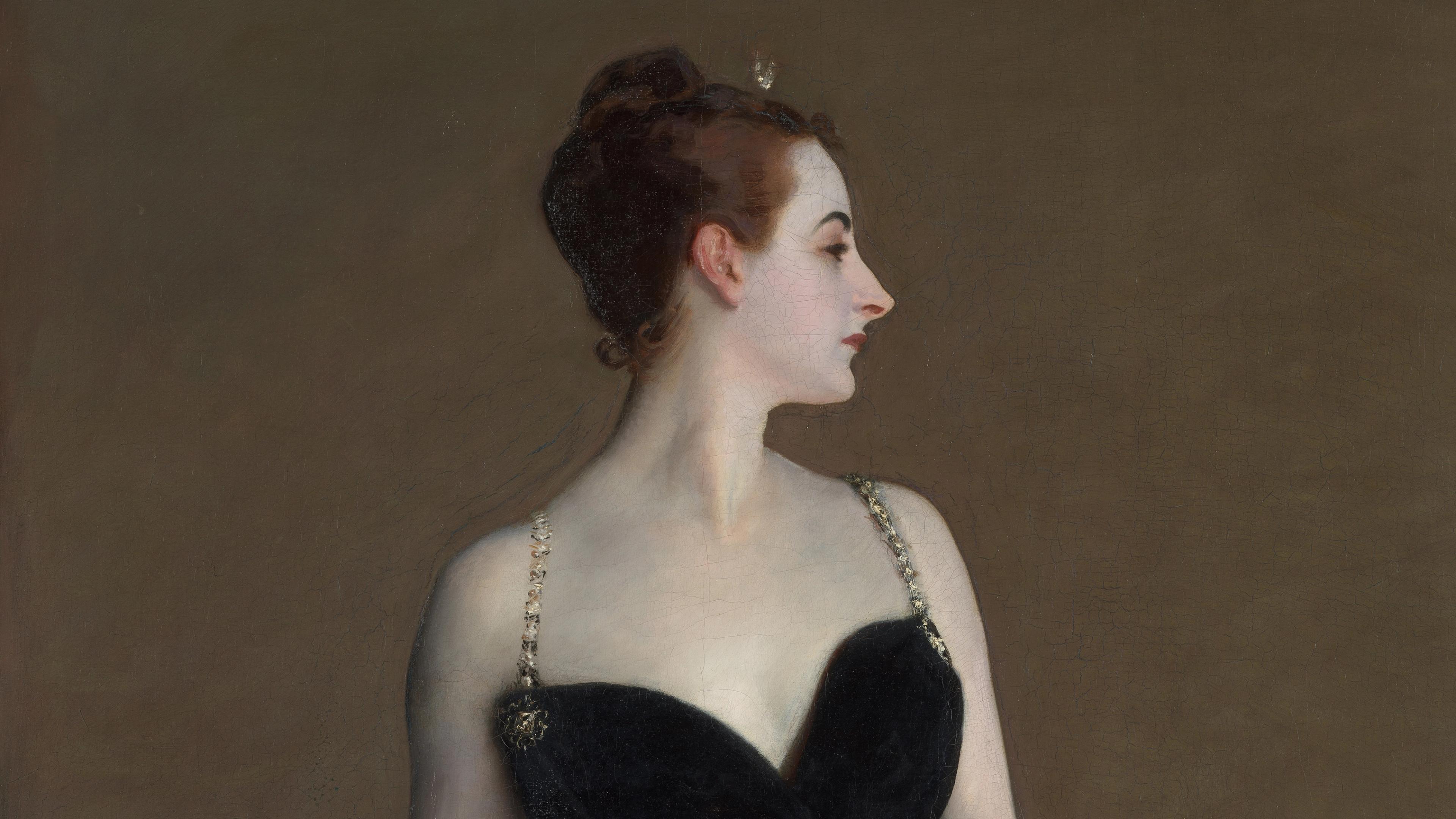Detail of painting of a woman in a low-cut black dress looking off to the side.