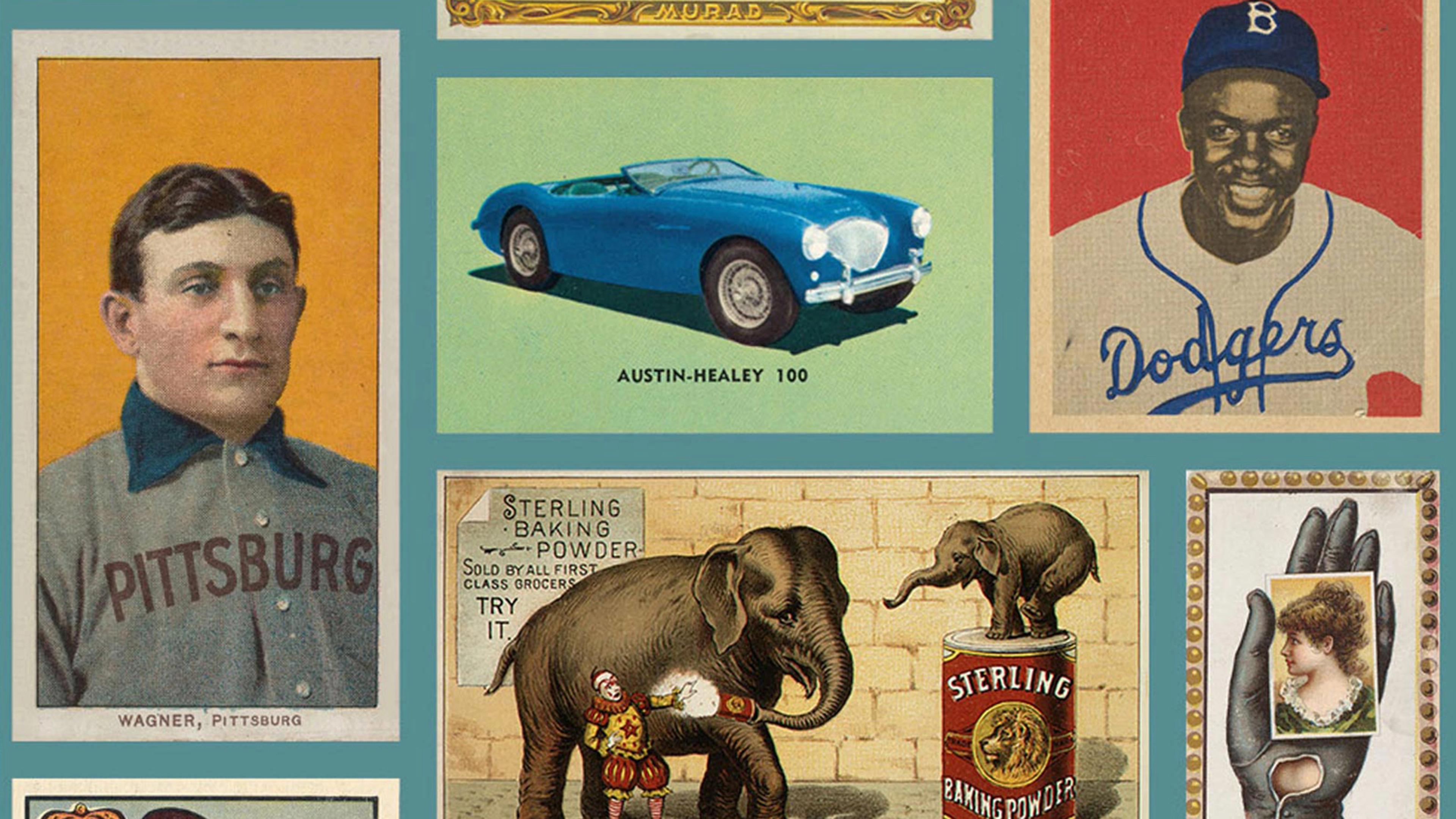 Mosaic of various cards and printed ephemera from the Burdick Collection, including baseball cards, sports figures, and travel/tourism cards
