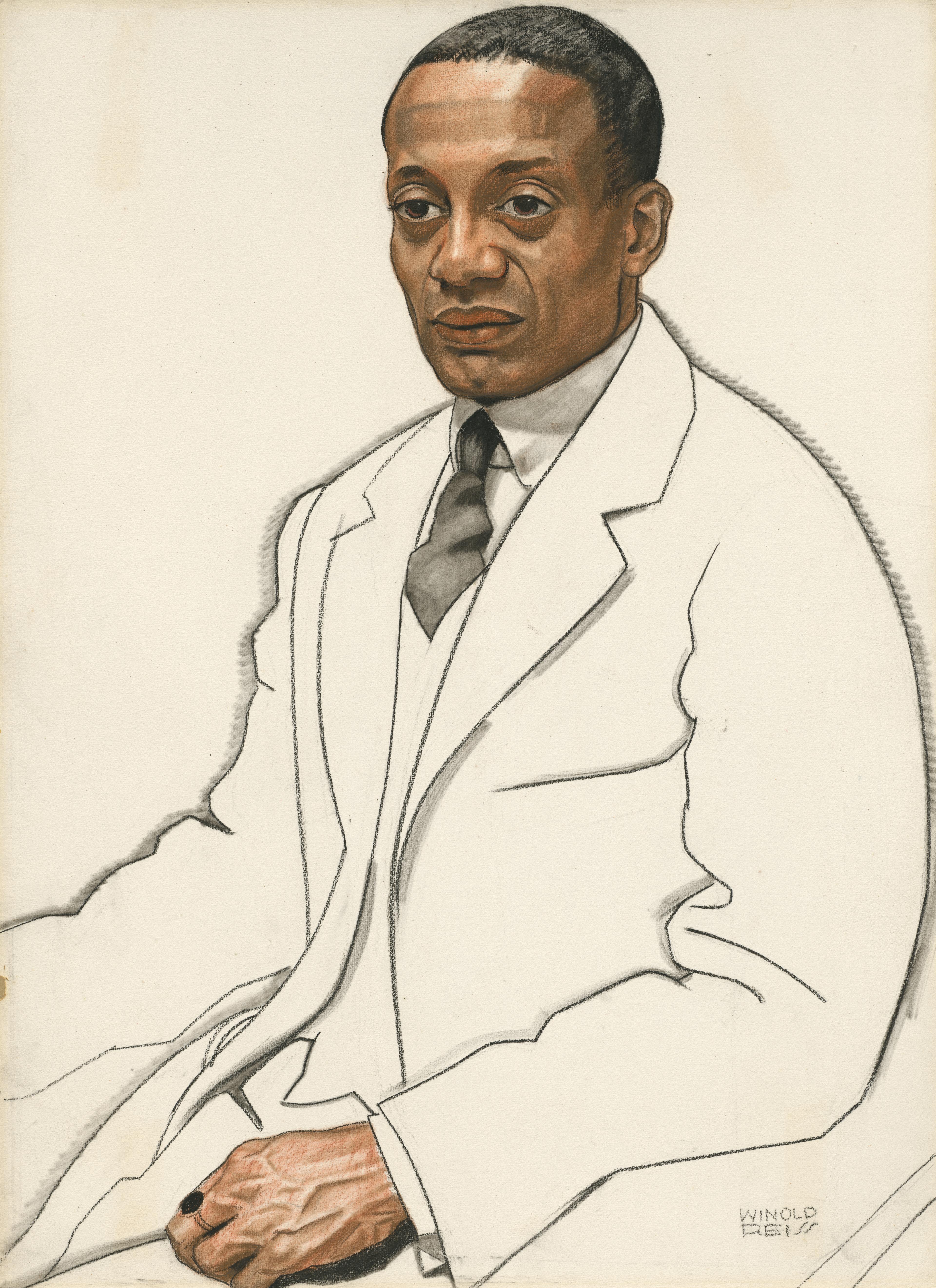 Drawing depicting Alain Locke, with his face and hands fully colored and his body loosely sketched