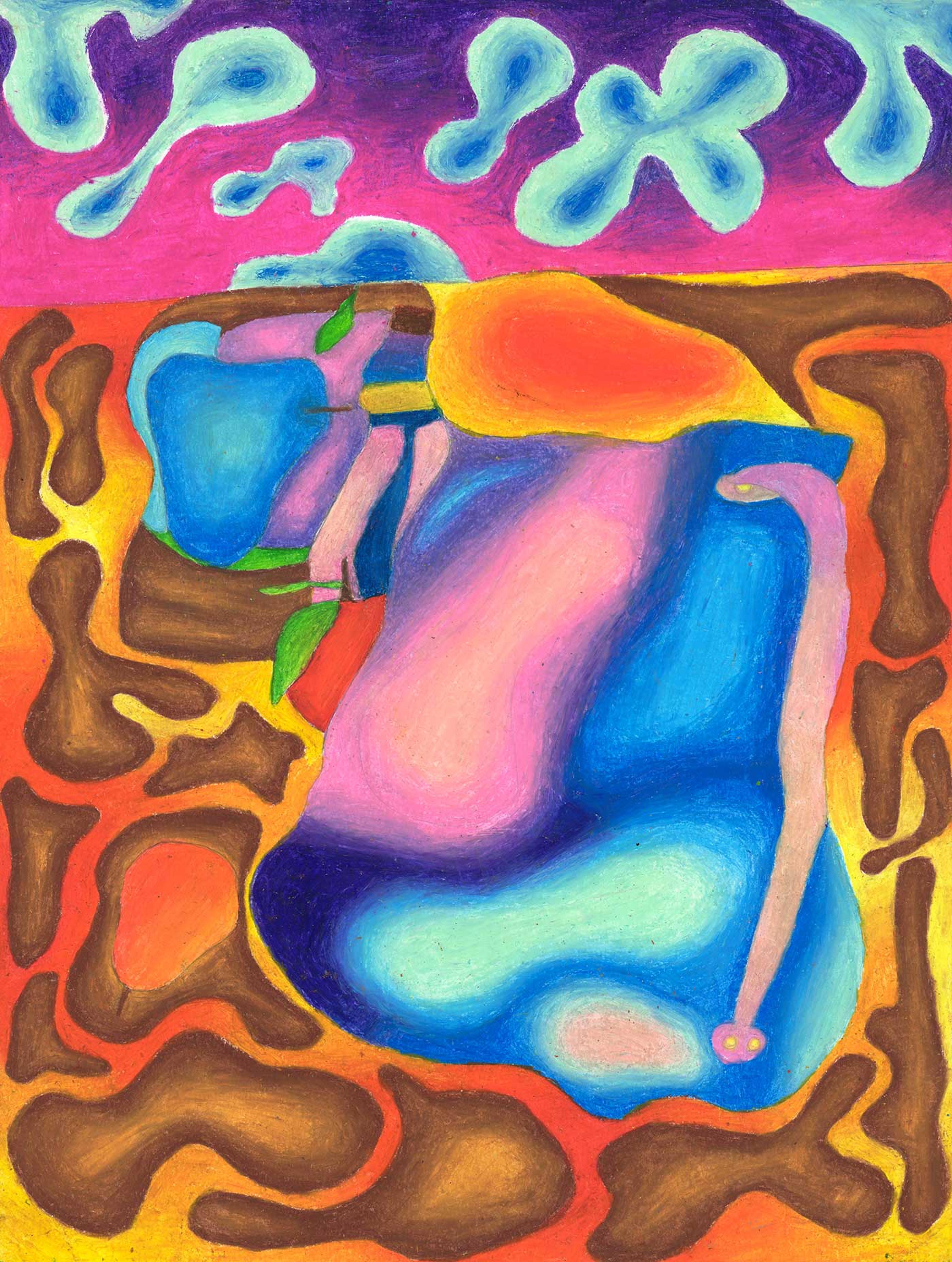 Still life painting with abstract shapes and various colors.