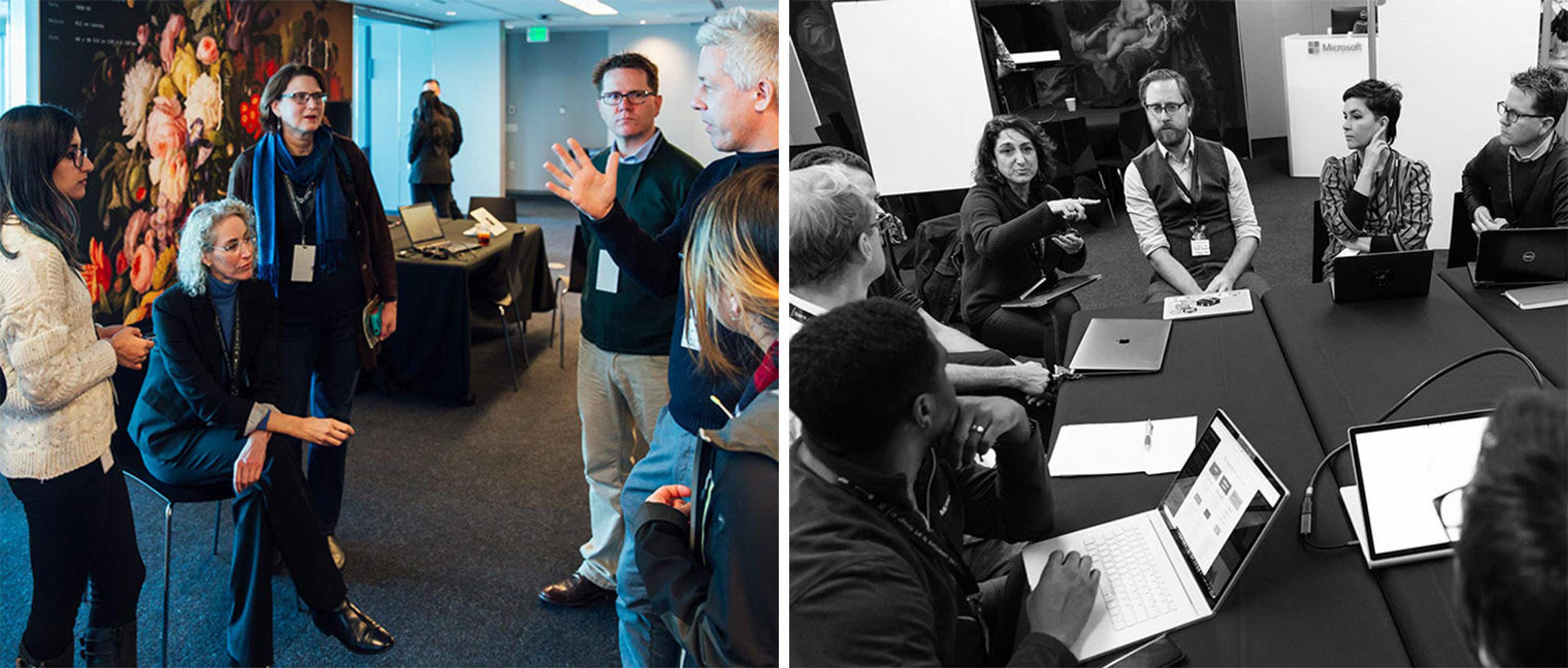 Two views of workshop participants conversing