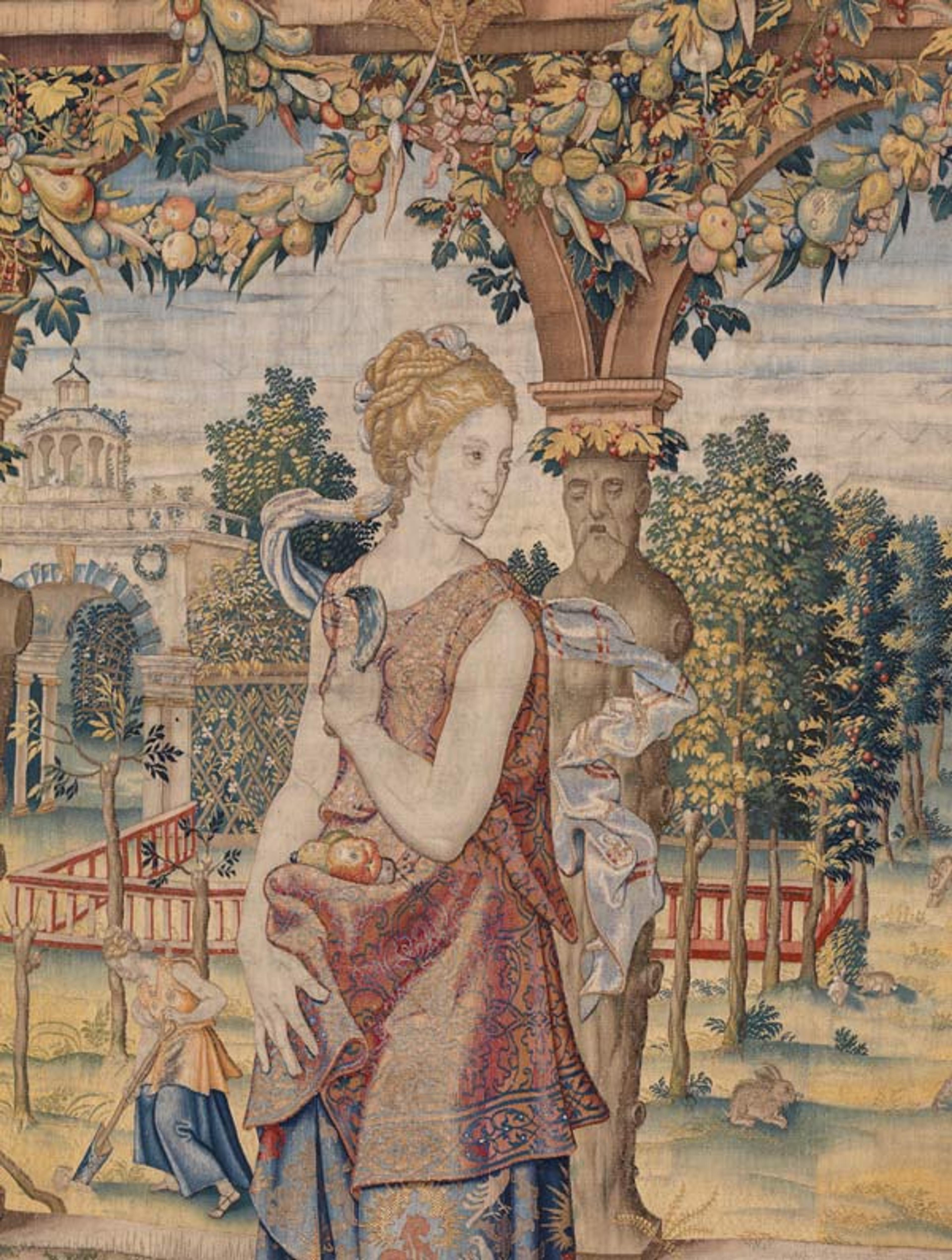 Detail of Pomona from Story of Vertumnus and Pomona: Vertumnus appears to Pomona in the guise of a Herdsman. Design attributed to Pieter Coecke van Aelst (Netherlandish, 1502–1550), ca. 1544. Tapestry woven under the direction of Willem de Pannemaker, Brussels, sometime between ca. 1548 and 1575. Wool, silk, gold and silver metal-wrapped threads; 164 1/2 x 211 in. (418 x 536 cm). Royal Palace, Madrid (TA-17/II, 10004061)