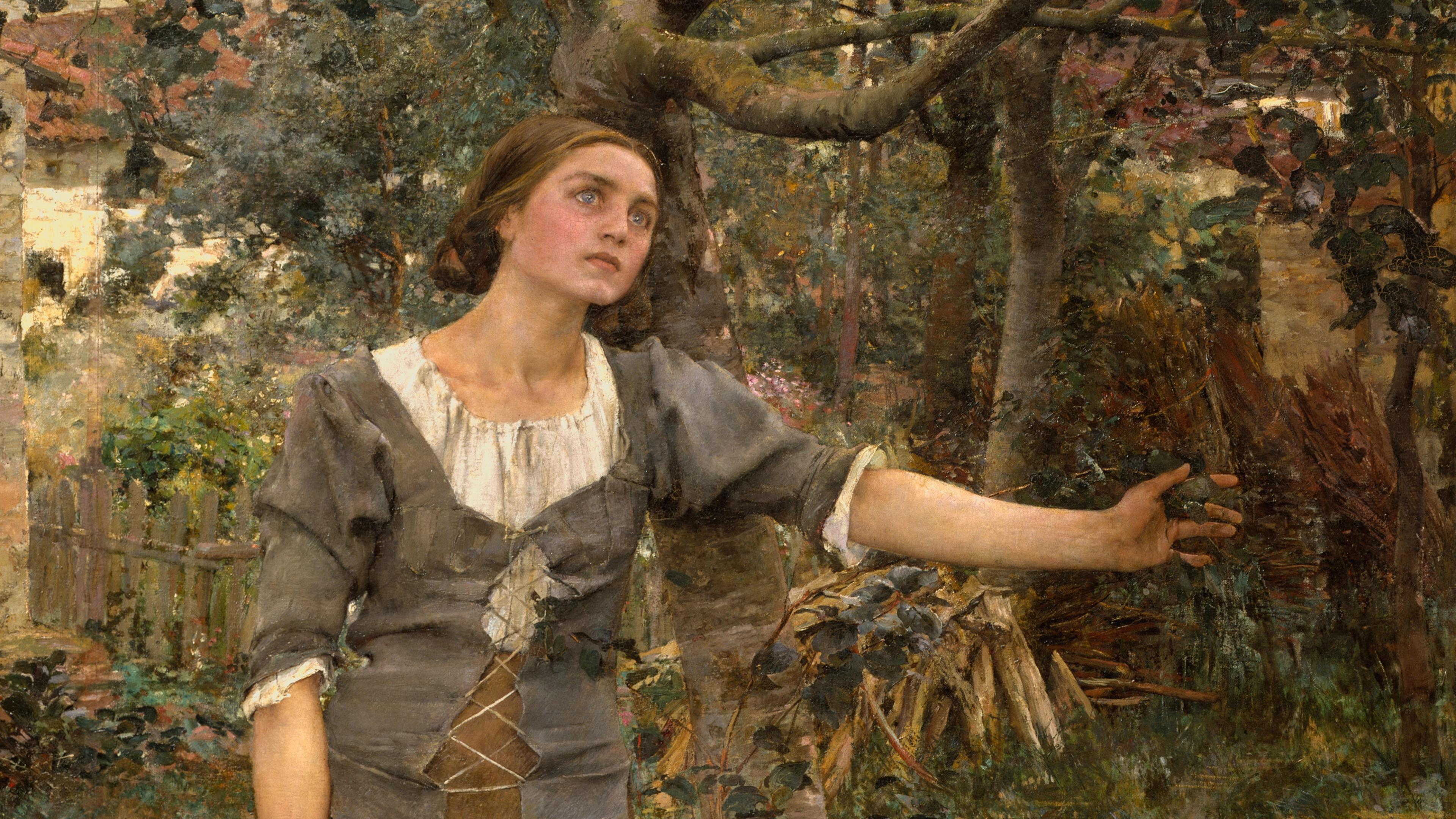 A woman in simple dress looks upward, her left arm reaching out as she leans against a tree trunk.