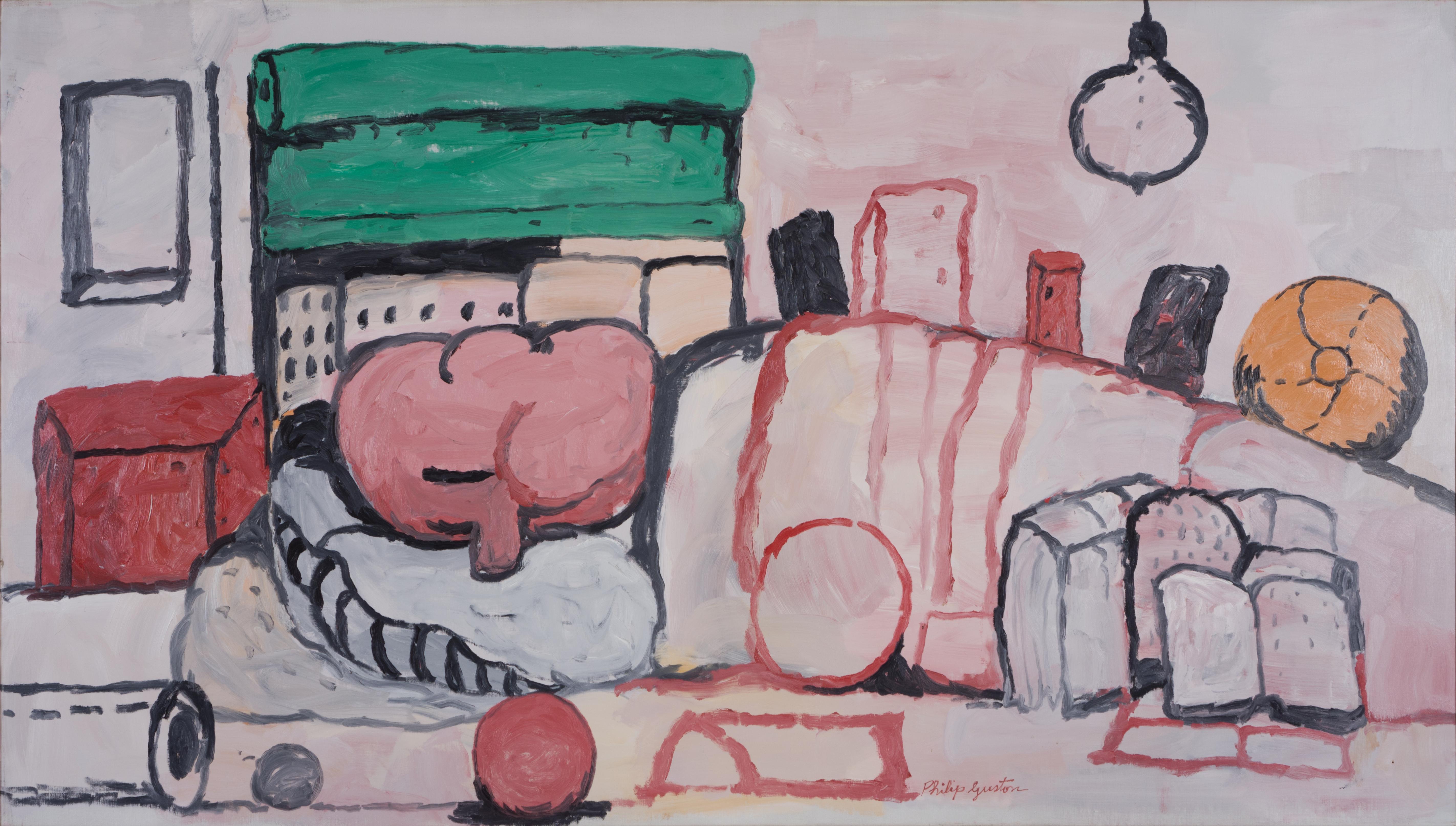 Abstract painting with bold colors and shapes, including circles, rectangles, and arches, depicting an imaginative urban scene with various overlapping geometric forms.