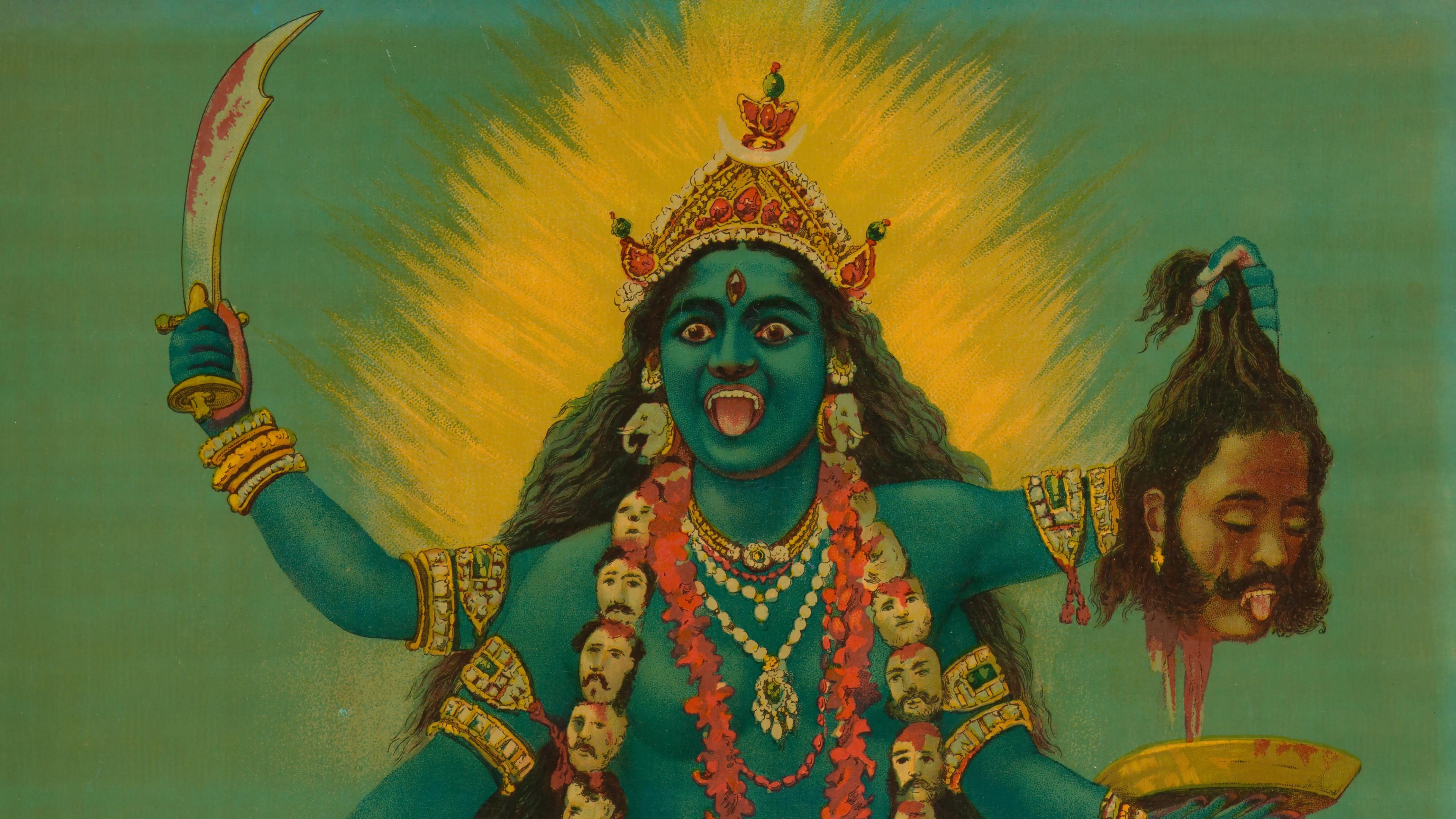 Female figure with long, dark hair and blue skin stands assertively, eyes wide and tongue out. Her multiple arms hold a sword and severed head, and she wears a necklace and belt of body parts.