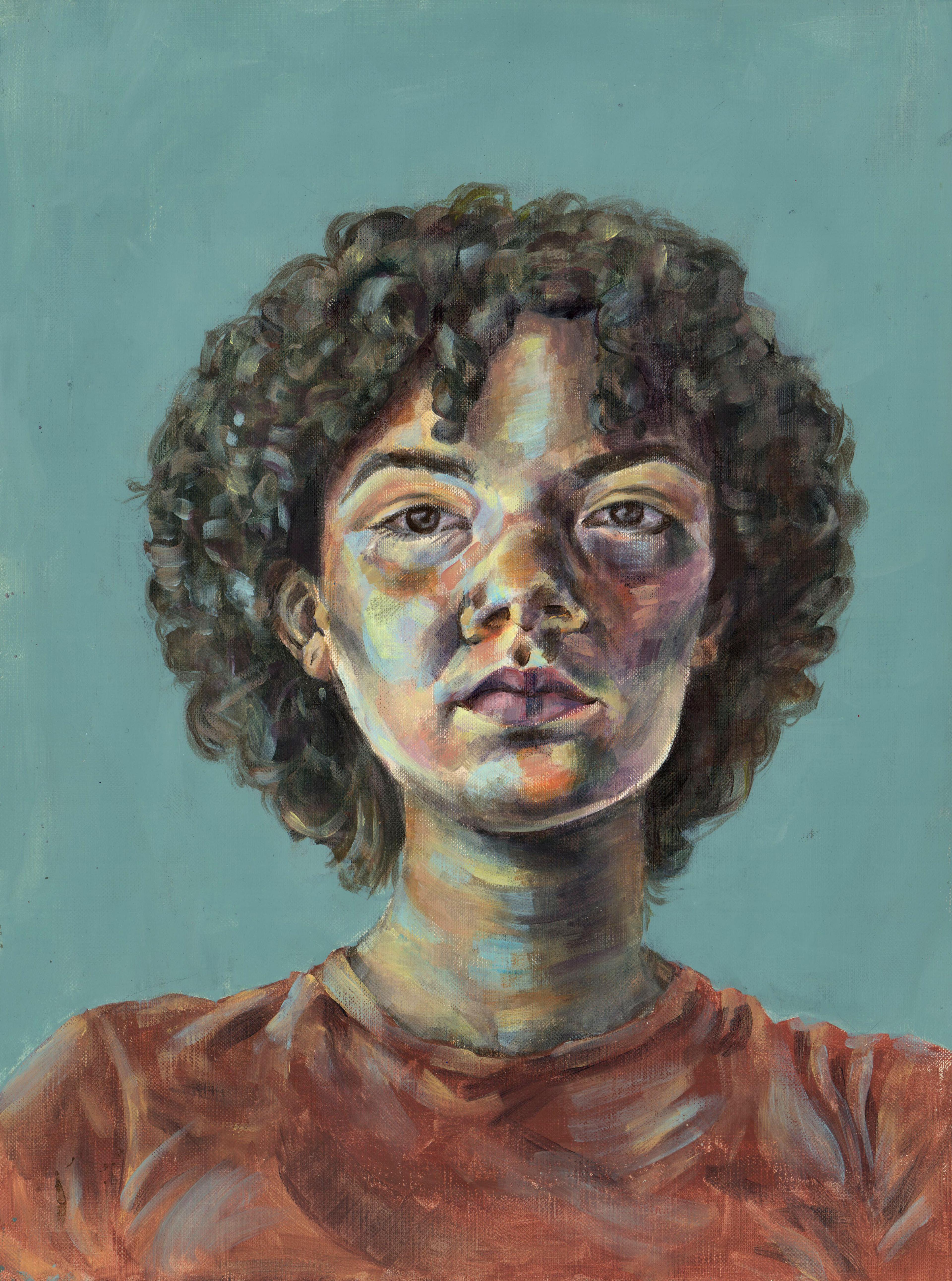 Acrylic self-portrait of an adolescent girl with brown, curly, neck-length hair. The girl faces the viewer and wears a red shirt in front of a pale green-gray background. Her chin is slightly raised and her eyebrows are slightly arched.