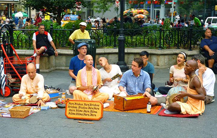 Members of the International Society for Krishna Consciousness, or the Hare Krishna, gather together in Manhattan's Union Square