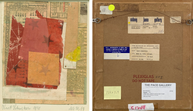 Diptych showing a paper collage at left, and the verso at right, with stickers for different galleries