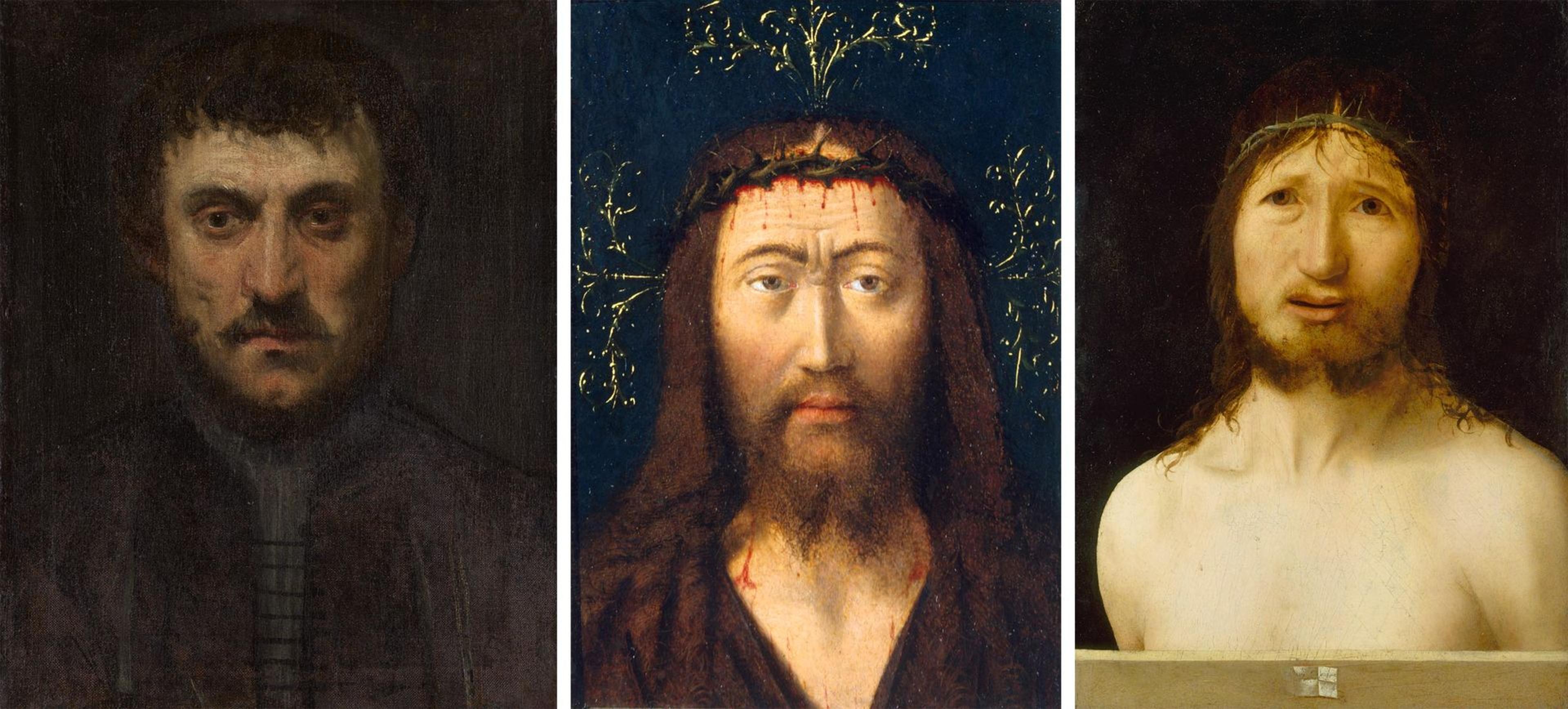 Three portraits of men looking directly at the viewer by Jacopo Tintoretto (left), Petrus Christus (center), and Antonello da Messina (right)