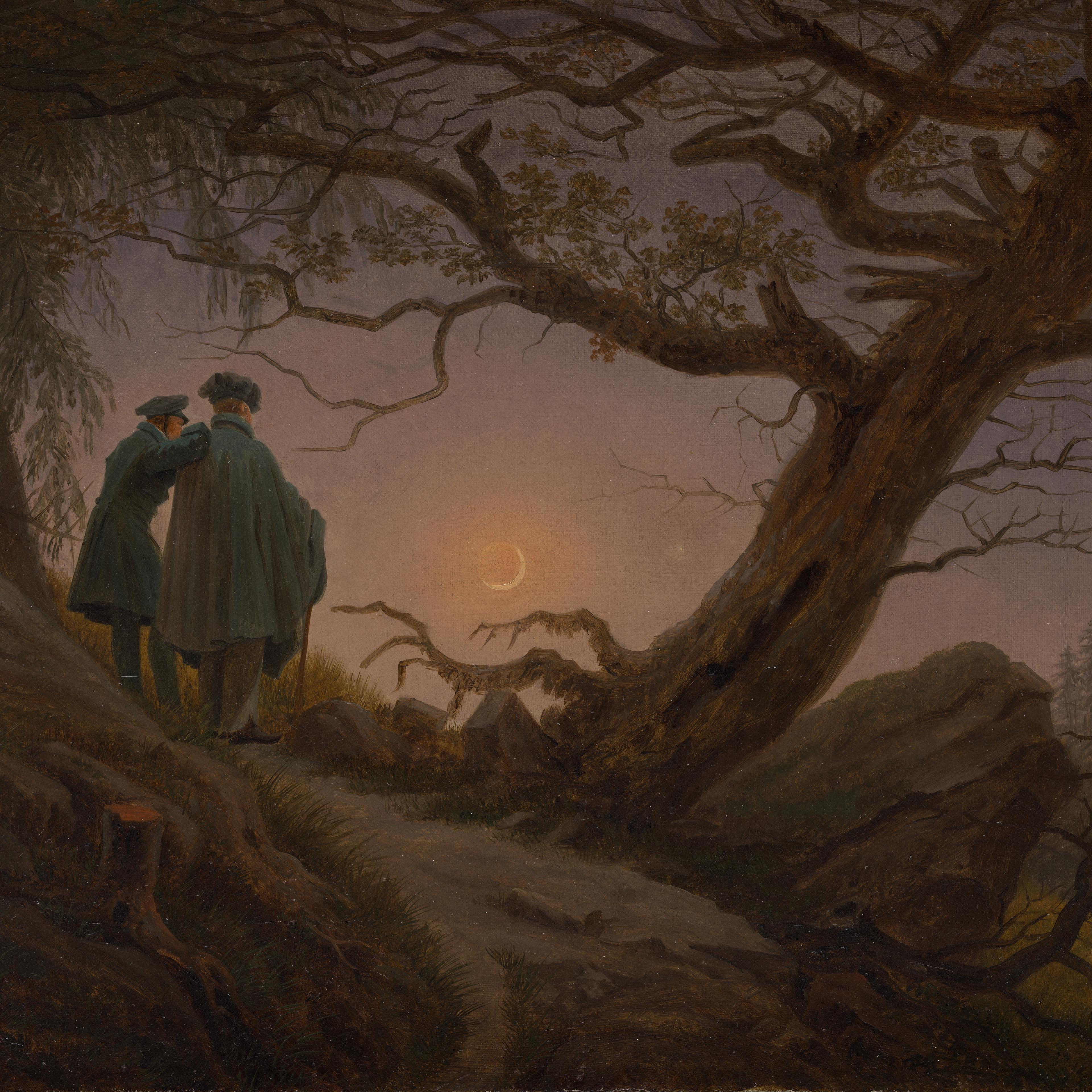 Painting of two standing together, looking at the moon before a leaning tree. 