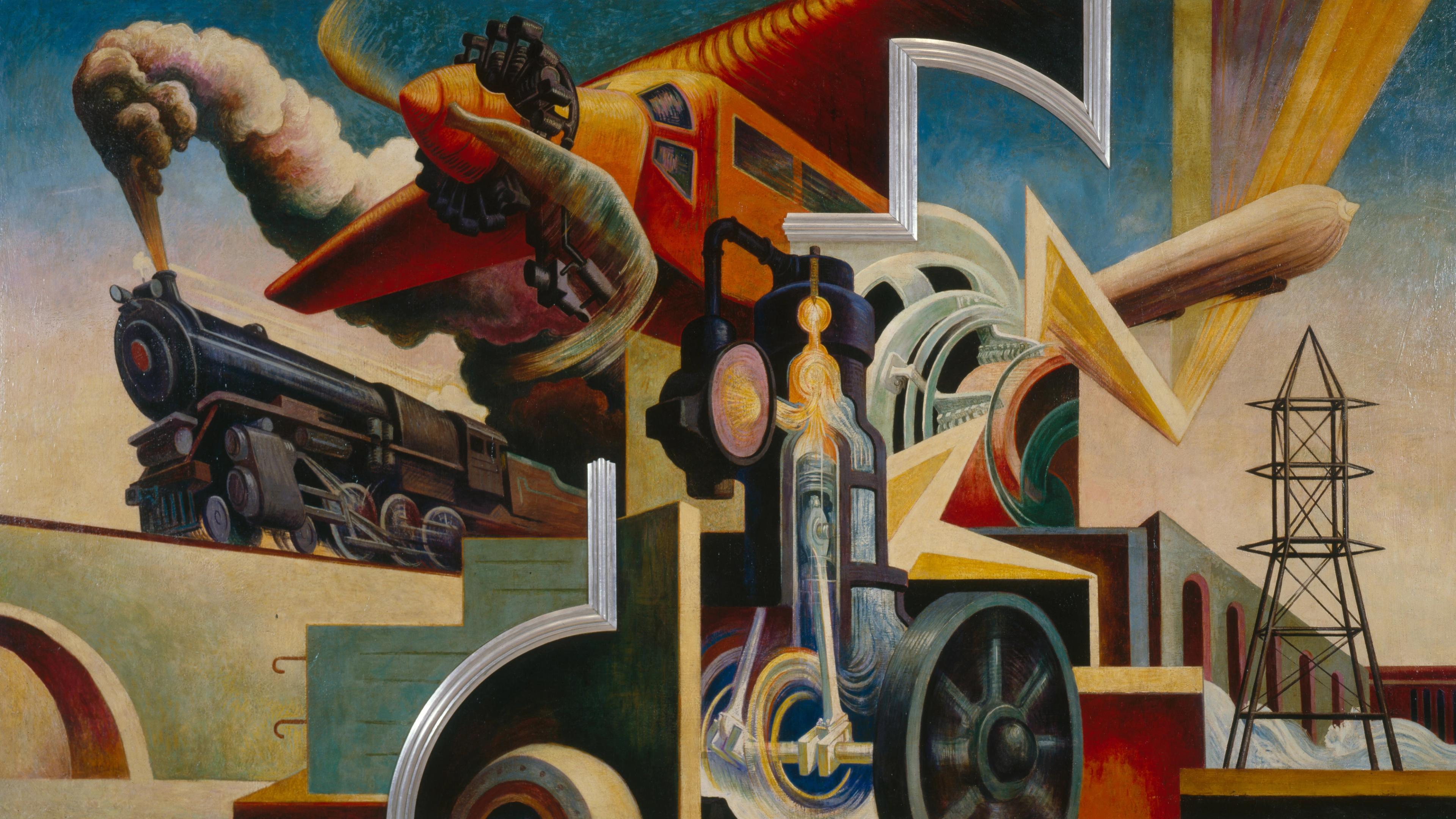 A bold-colored mural showing technological advancements in a blocky style, including a train, plane, and gears.