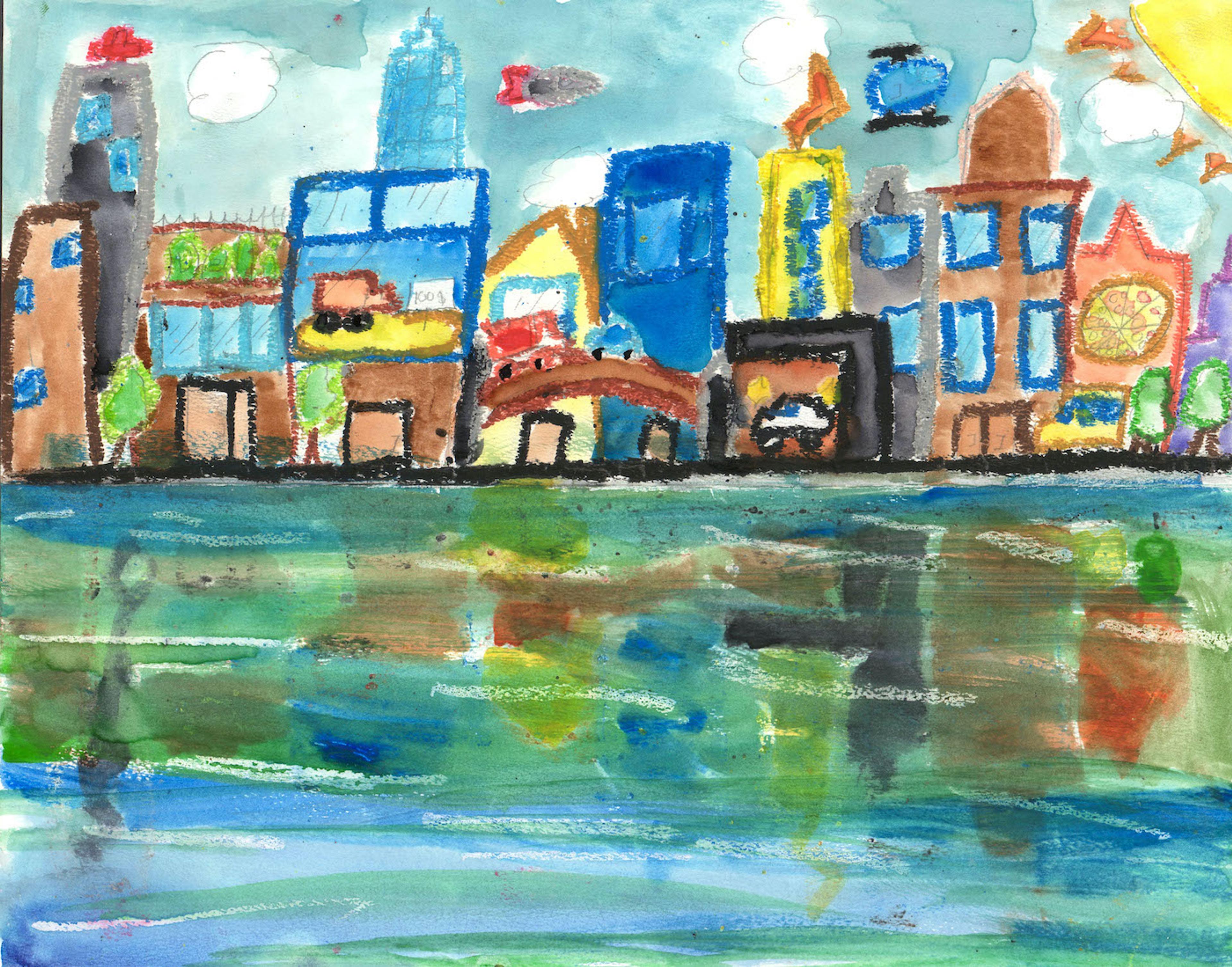 Oil pastel and watercolor painting of a city shore line reflected in the waters below. The sky above is a faint, cloudy teal, with an airplane at center and a helicopter at right. A partially cropped yellow sun shines down from the top right corner of the image. The city skyline is composed of many buildings in various colors such as brown, blue, yellow, and orange. The shimmering, mirrored reflections of the buildings appear in the water in the bottom half of the painting.