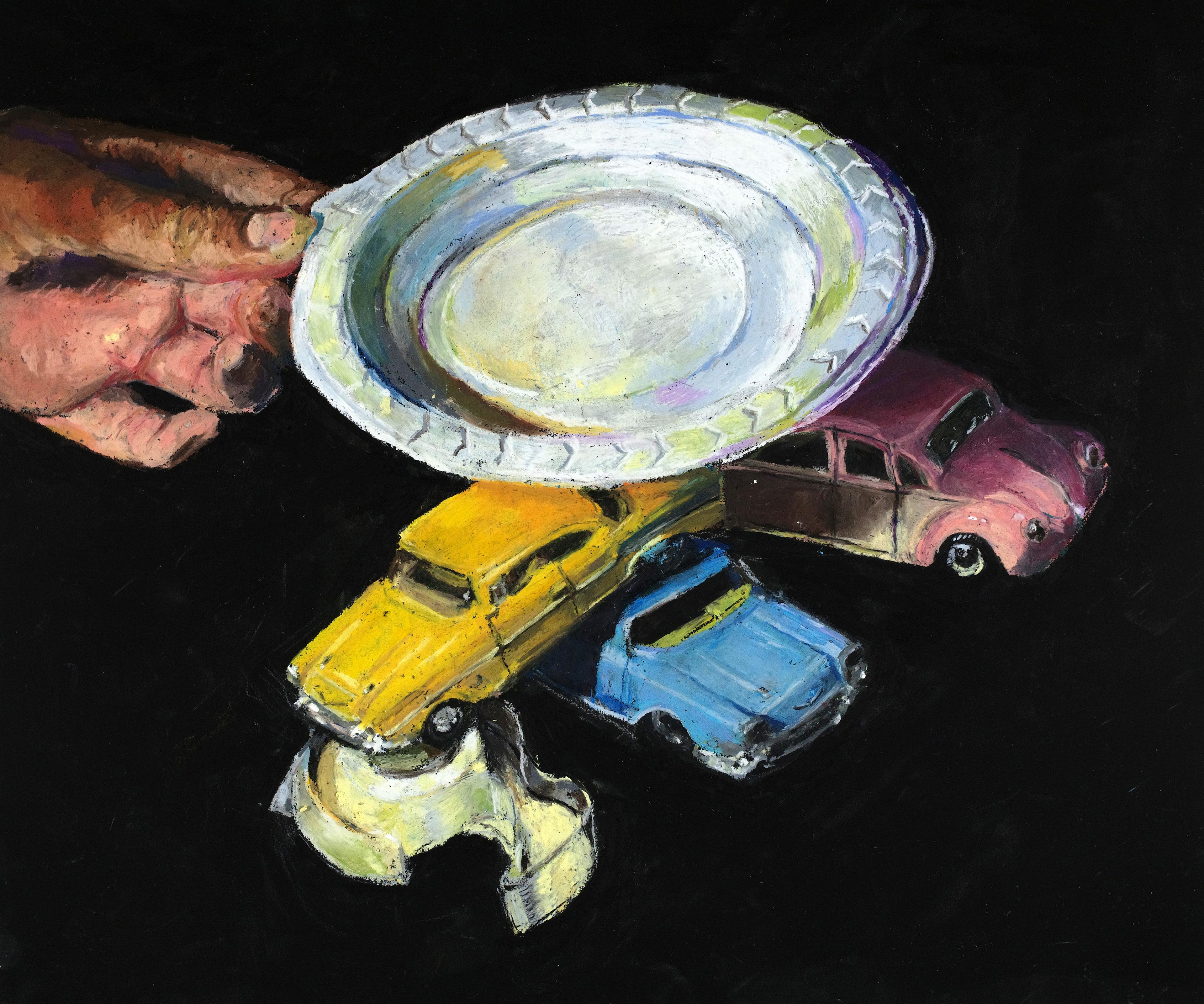 Painting od hand placing white plate on top of 3 toy cars and tape.