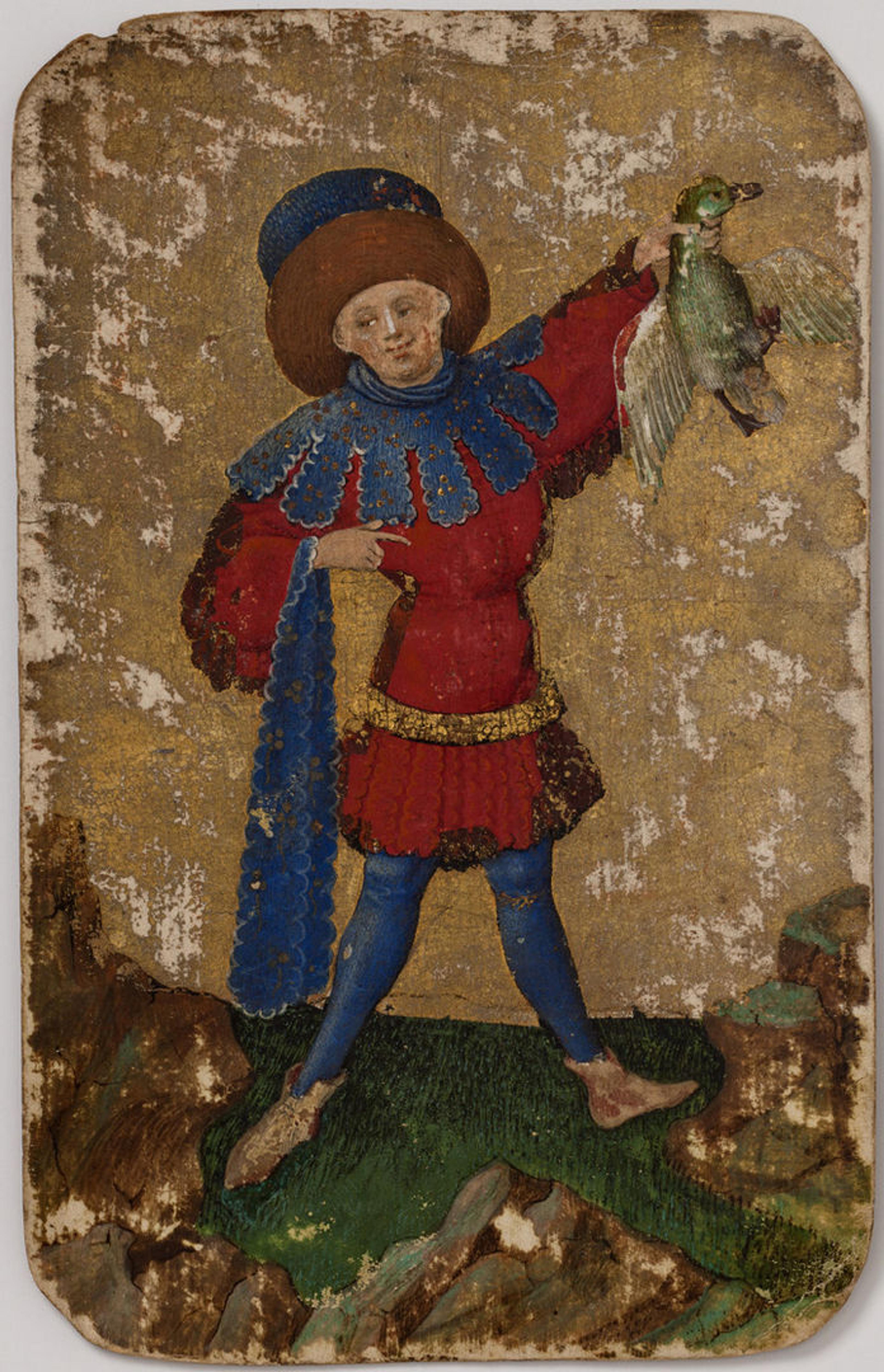 Upper Knave of Ducks, from The Stuttgart Playing Cards, ca. 1430. Made in Upper Rhineland, Germany. Paper (six layers in pasteboard) with gold ground and opaque paint over pen and ink; 7 1/2 x 4 3/4 in. (19.1 x 12.1 cm). Landesmuseum Württemberg, Stuttgart (KK grau 41)