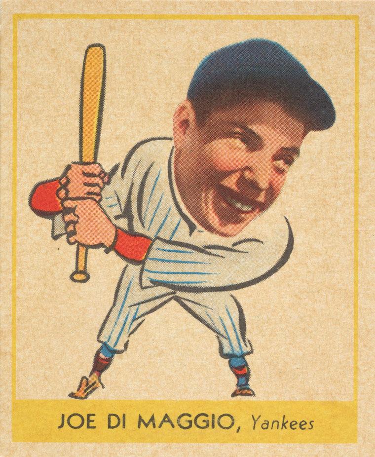 1938 Joe DiMaggio baseball card. DiMaggio's body is a cartoon, while a photograph is used for his head.