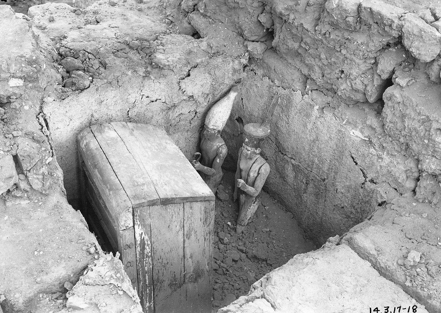 royal figures and a shrine containing an Anubis fetish, in the tomb of Imhotep at Lisht South